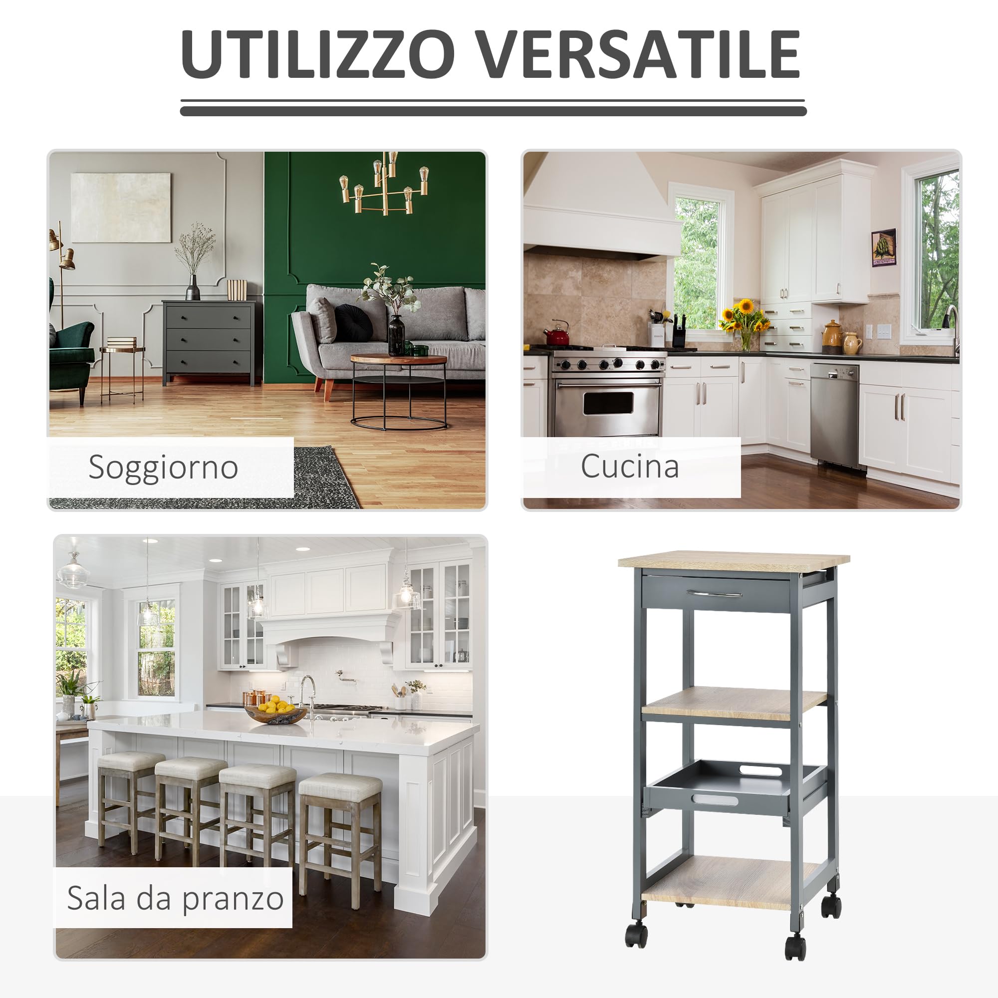 HOMCOM Carrello da Cucina Portavivande con Cassetto, 2 Ripiani e Vassoio Estraibile, Isola da Cucina in Legno 37x37x76cm, Grigio