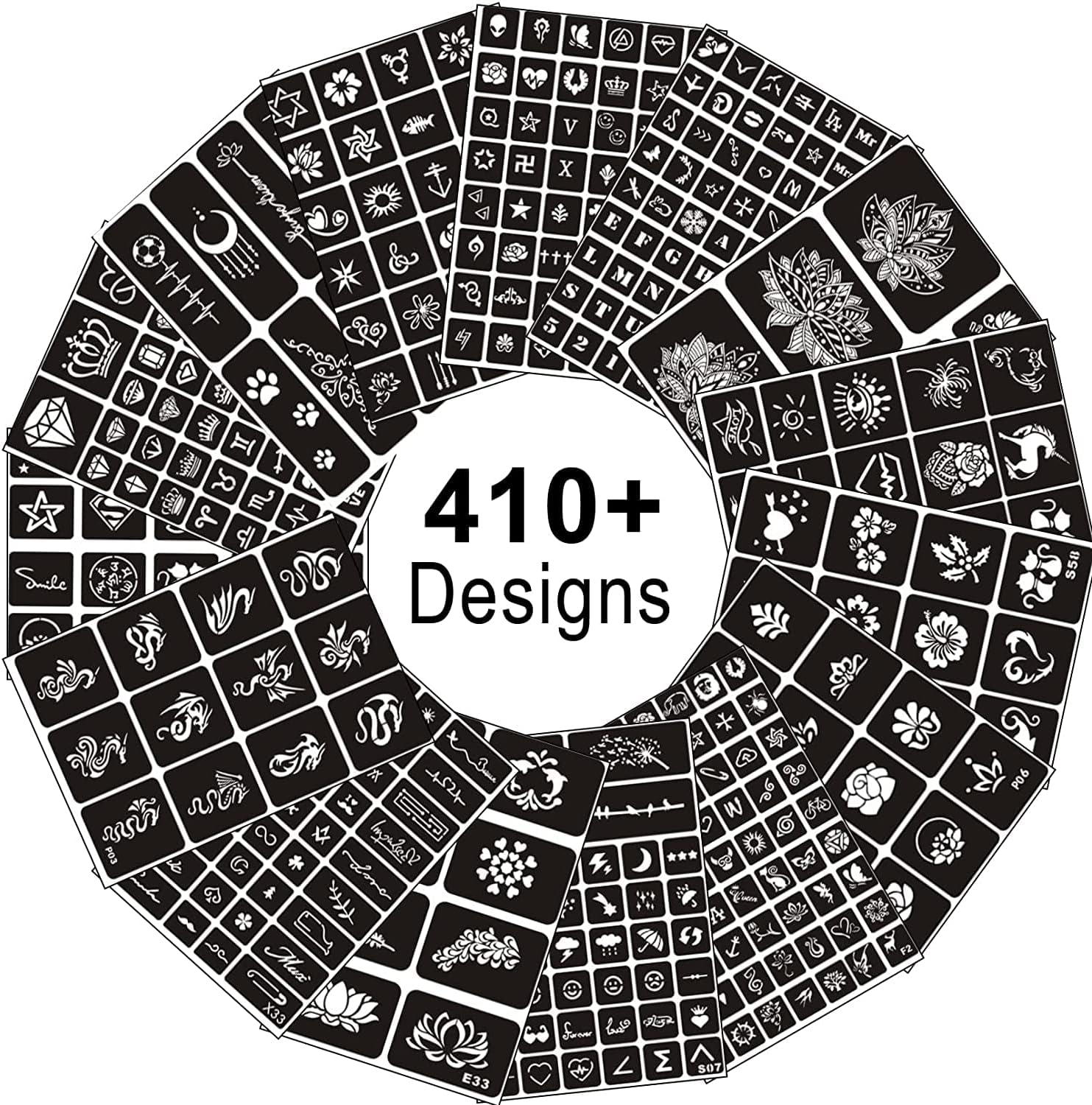 Temporary Tattoo Stencils, 15 Sheets, 410+ Pieces, Glitter Tattoo