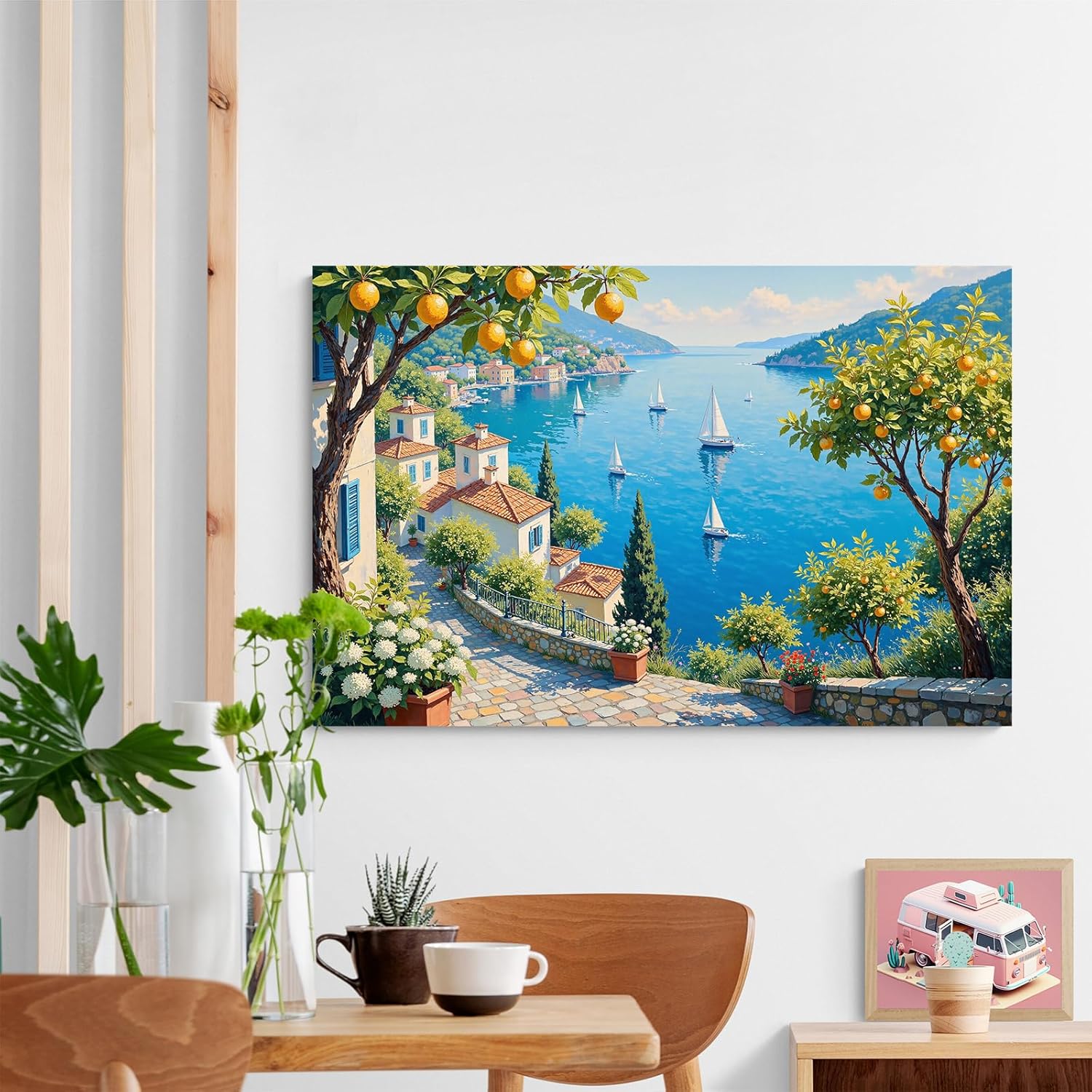 Retro Amalfi Coast Kitchen Poster Print Italian Lemon Tree Wall Art Vintage Mediterranean Canvas Pictures Beach Travel Inspired Decor for Living Room Bedroom Bathroom