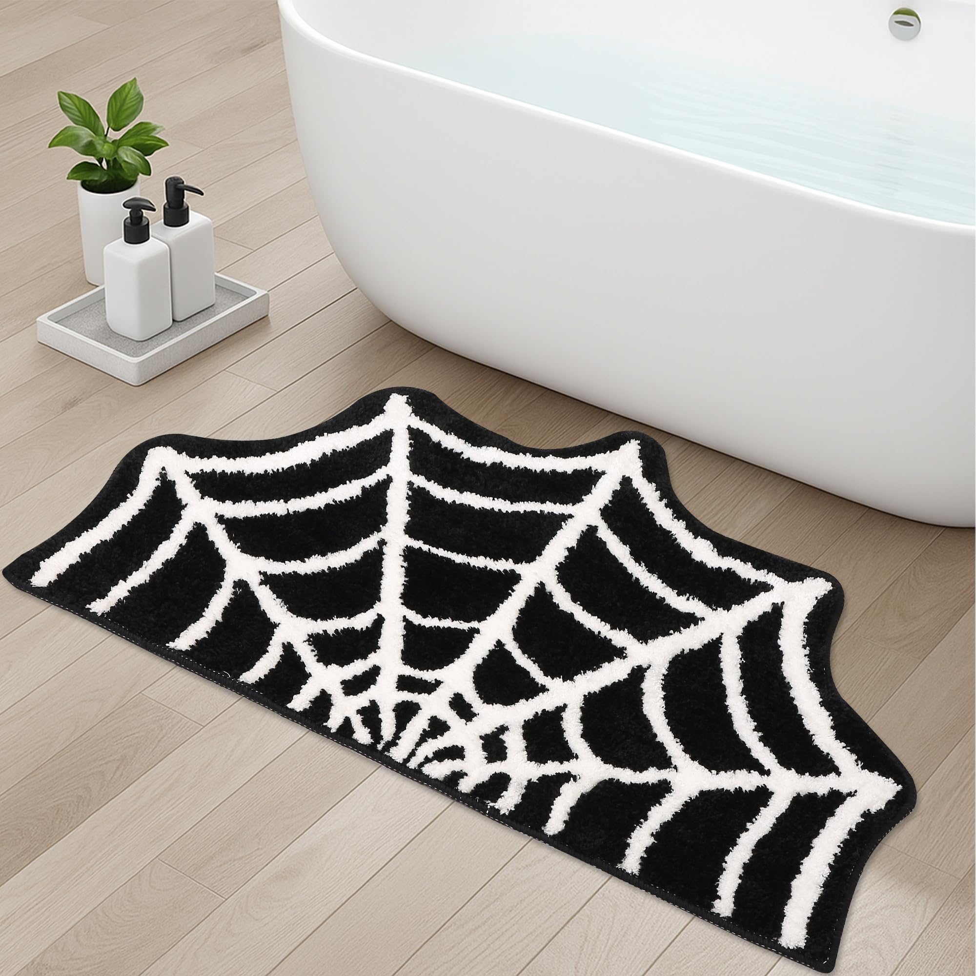 Spider Web Bath Mat Gothic Halloween Rug 31x20 Black Washable Non-Slip Goth Bath Mat for Bathroom Front Door