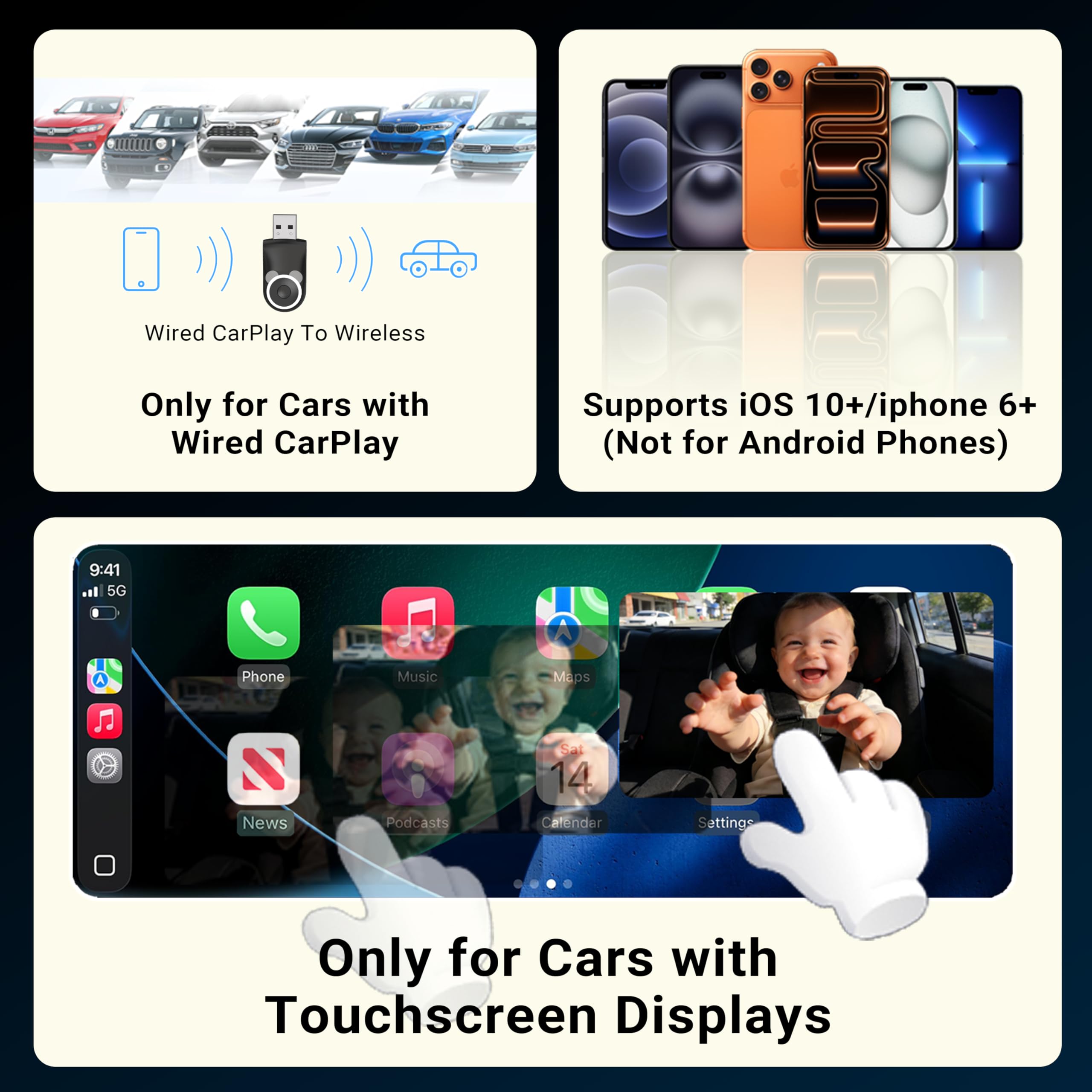 MINIX CA520 CarPlay Inalámbrico Cámara Bebé Coche para iPhone Solo (no Android Auto), Monitor Bebé Asiento Trasero 1080P, Visión Nocturna, Ángulo Amplio 150°, Baja Latencia para CarPlay cable original