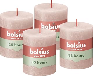 Bolsius Vela rústica de pilar - Rosa suave - Paquete de 4 - Larga duración de combustión de 35 horas - Vela doméstica - Decoración de interiores - Sin perfume - Cera vegana natural - Sin aceite de