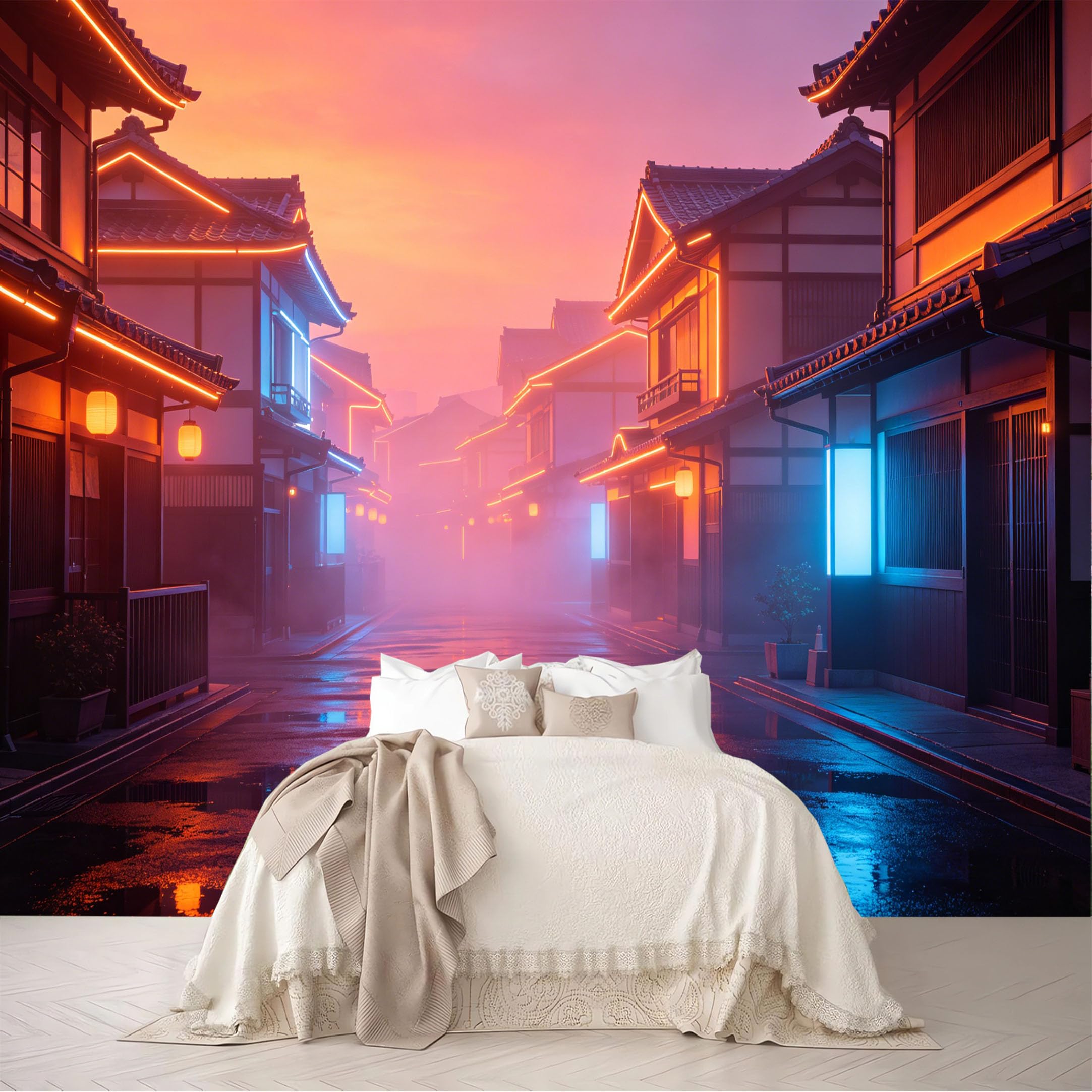 Dskjoviality Ab260706054 Custom Size Wall Mural Warm Glow Misty Traditional Town Sunset Street View Removable Self Adhesive Peel And Stick Wallpaper For Bedroom Living Room