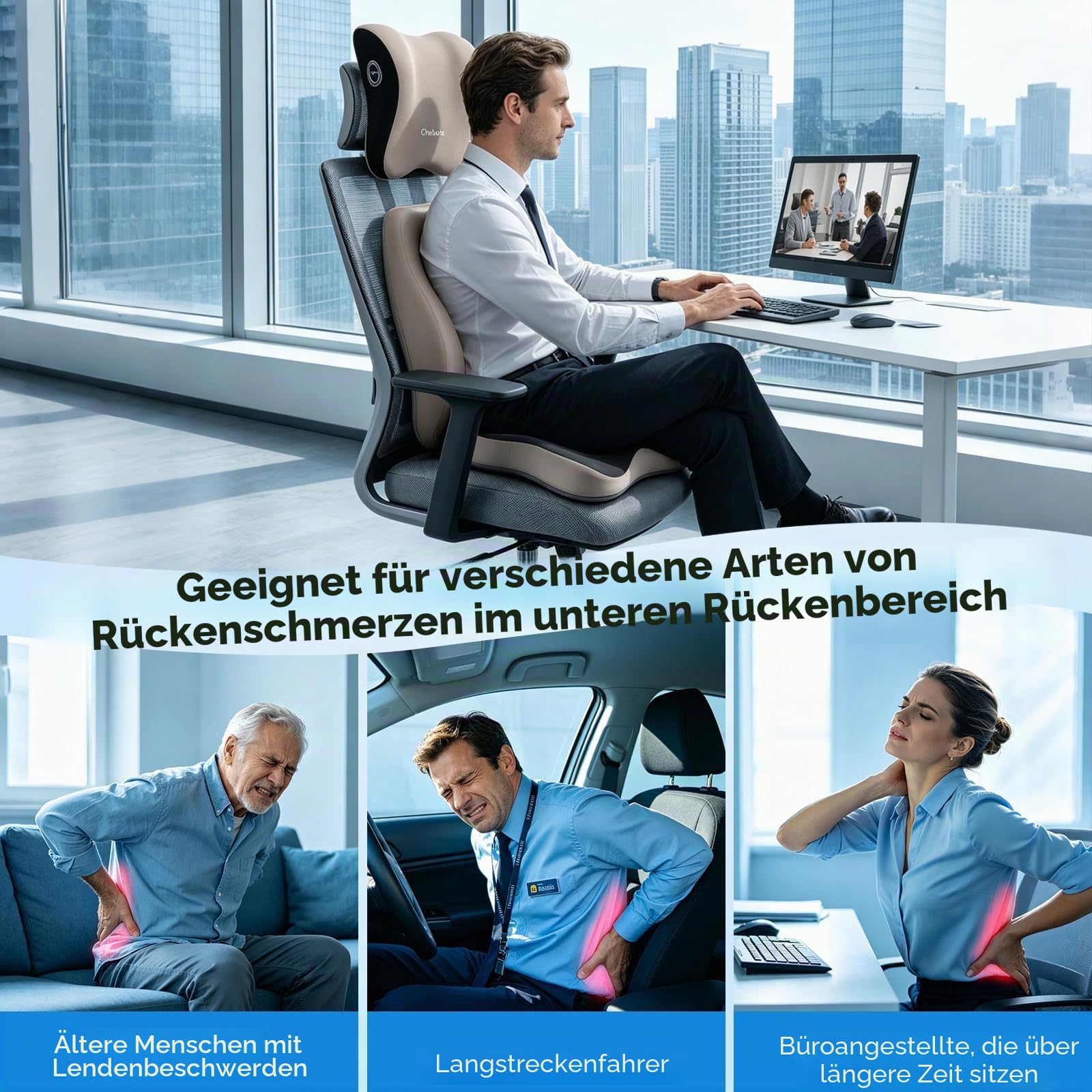 3-in-1 Sitzkissen orthopädisch mit Lordosenstütze & Nackenstütze – Memory Schaum Set für Bürostuhl, Auto & Reise, Waschbar Rutschfestes Rückenlehne zur Schmerzlinderung bei Ischias & Langzeit Sitzen
