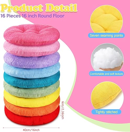 Miniatura 2 de Cojines redondos de piso de 15 pulgadas para niños y niños pequeños, asiento flexible para muebles de aula, almohada de piso de 3.5 pulgadas de