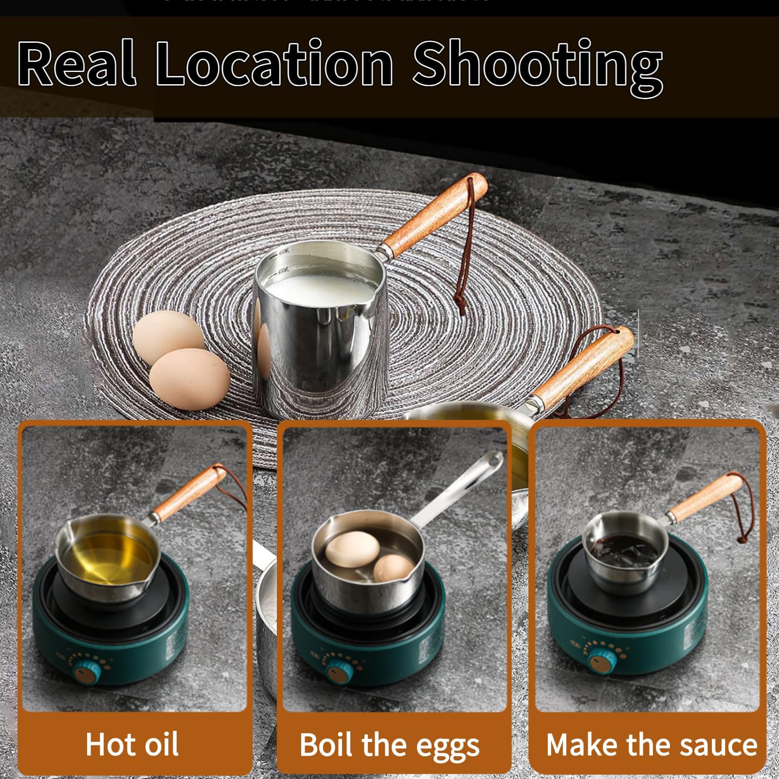 Tissting Pentola Scalda Burro, Piccola Pentola in Acciaio Inox con Manico Legno per Latte Bollente 450ml, per Salsa Cioccolato su Induzione Gas Elettrico