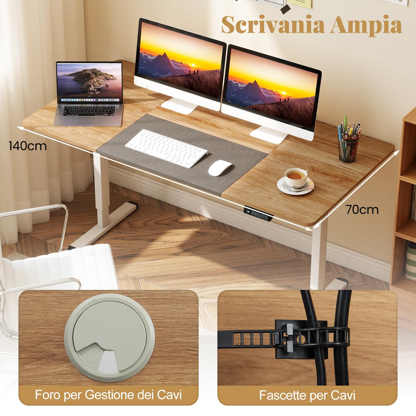 COSTWAY Scrivania Elettrica Regolabile in Altezza 140 x 70 cm, Scrivania per Computer con Memoria delle Altezze, Foro per Cavi, Design Anti-Collisione, Ideale per Ufficio e Casa (Legno Chiaro)