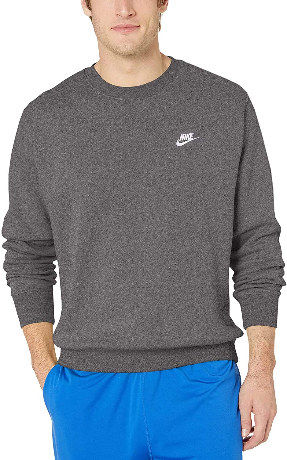 Nike M NSW Club CRW Bb Long Sleeved T-Shirt - Charcoal Heathr/(White), M-T