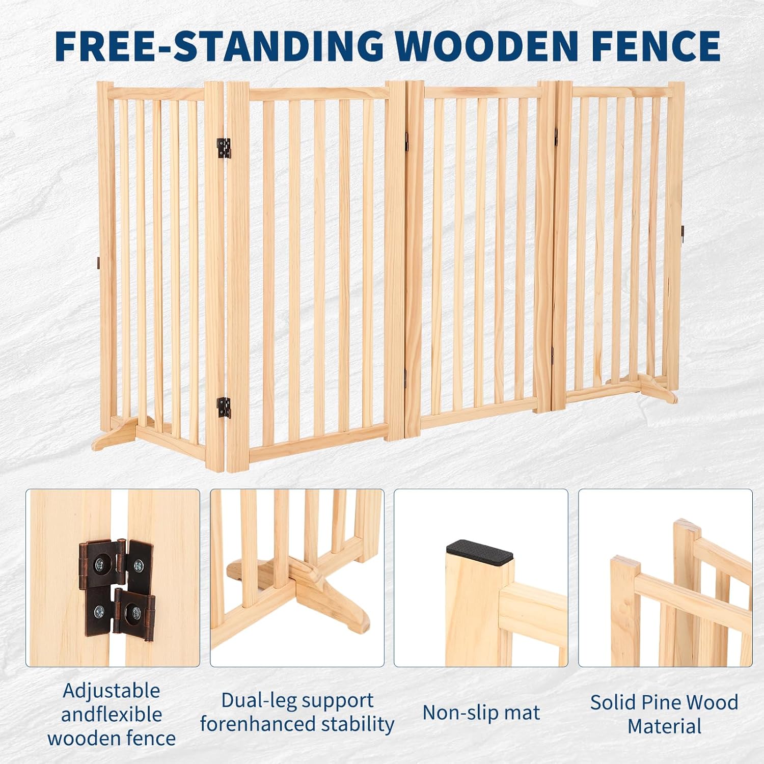Freestanding Pet Gate,Wooden Dog Fence with 2 Support Feet, Collapsible Dog Gate for Indoor, Stairs, Doorway, Hall, Kitchen,Step-Over Safety Pet Barrier,Paint-Free, Solid Hardwood, 4 Panel H:36”