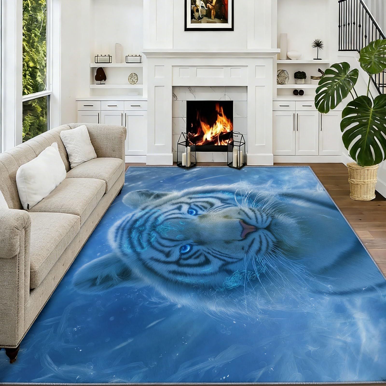 Alfombra lavable a máquina, 180 x 240 cm, diseño de tigre blanco, antideslizante, alfombra de suelo antideslizante, arte digital, pelo bajo, alfombra de área extra suave para sala de estar, dormitorio