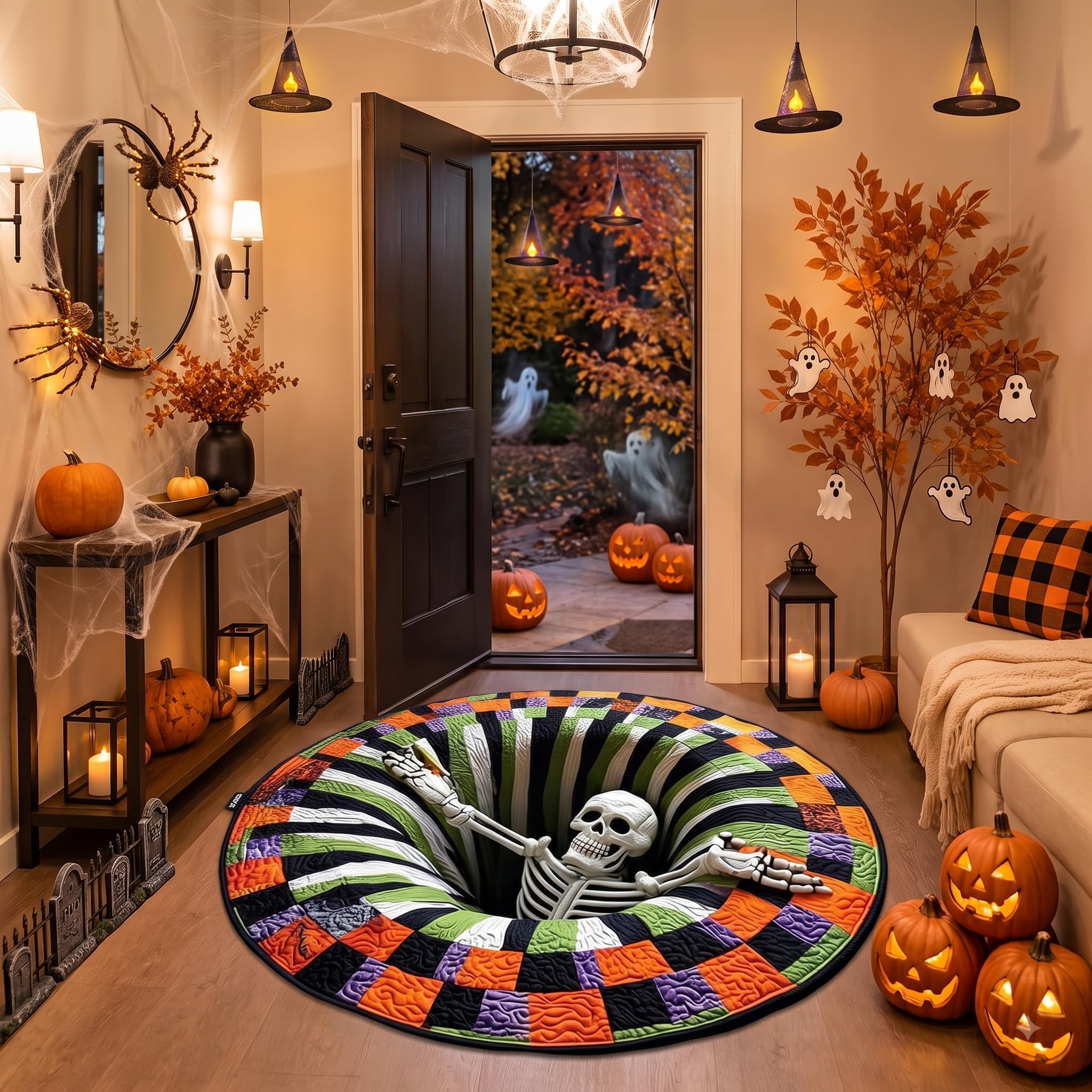 Dewppxi 3D Halloween Rug, 3D Optical Illusion Rugs, Halloween Endless Abyss Door Mat, Optical Illusion Door Mat, Non-Slip Visual Illusion Floor Mat for Entrance Living Room，A：120 * 120cm