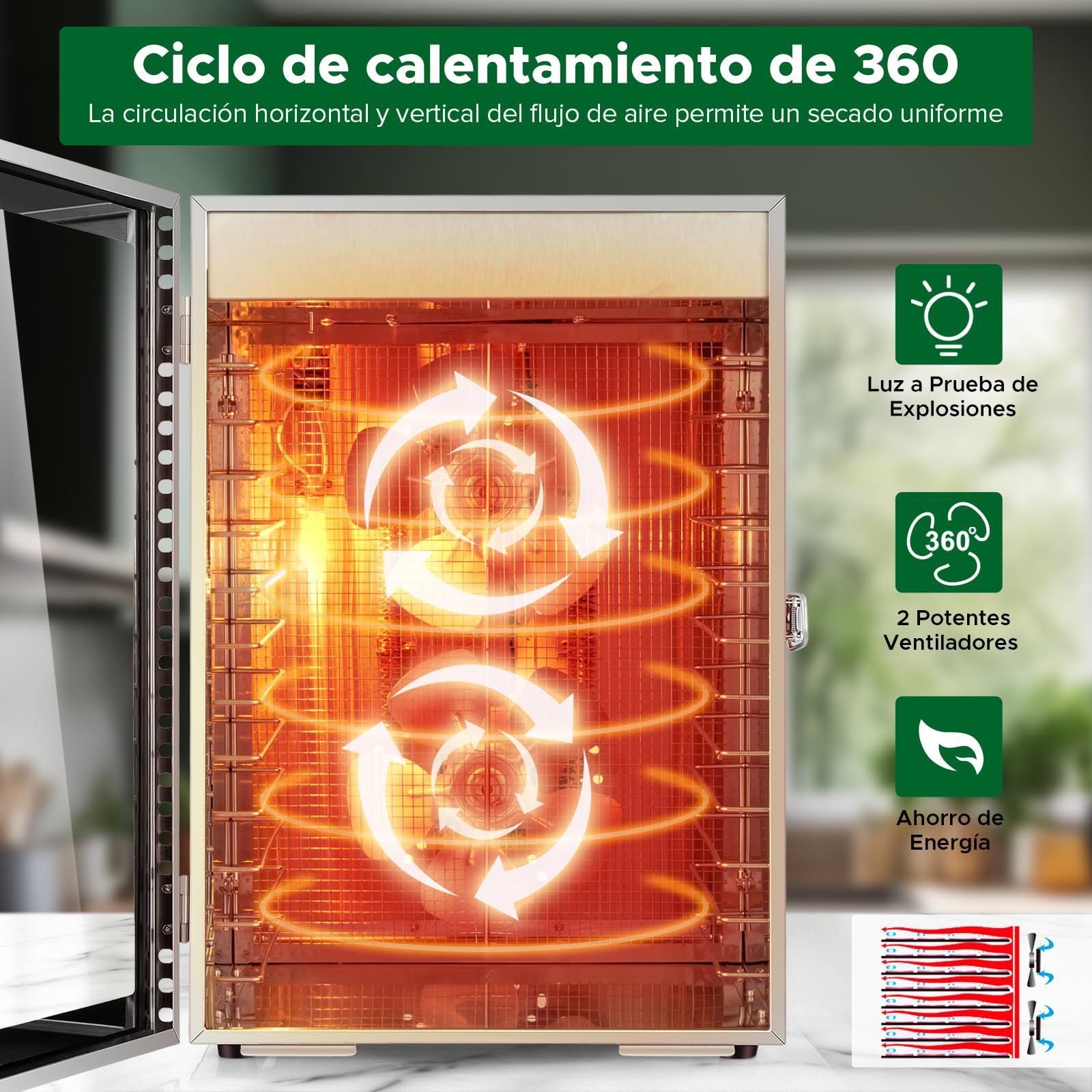 Kwasyo Deshidratador de Alimentos de Acero Inoxidable con 12 Bandejas, Secado eficiente de 360° con doble ventilador, Temporizador 24 horas, Temperatura: 30 a 90℃, deshidrata fruta, carne, verduras