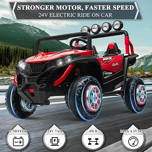 Miniatura 10 de OTTARO Camión de automóvil de 2 plazas, vehículo eléctrico de 24 V para niños de 3 a 8 años, motores de 200 W, 4 amortiguadores, reproducción