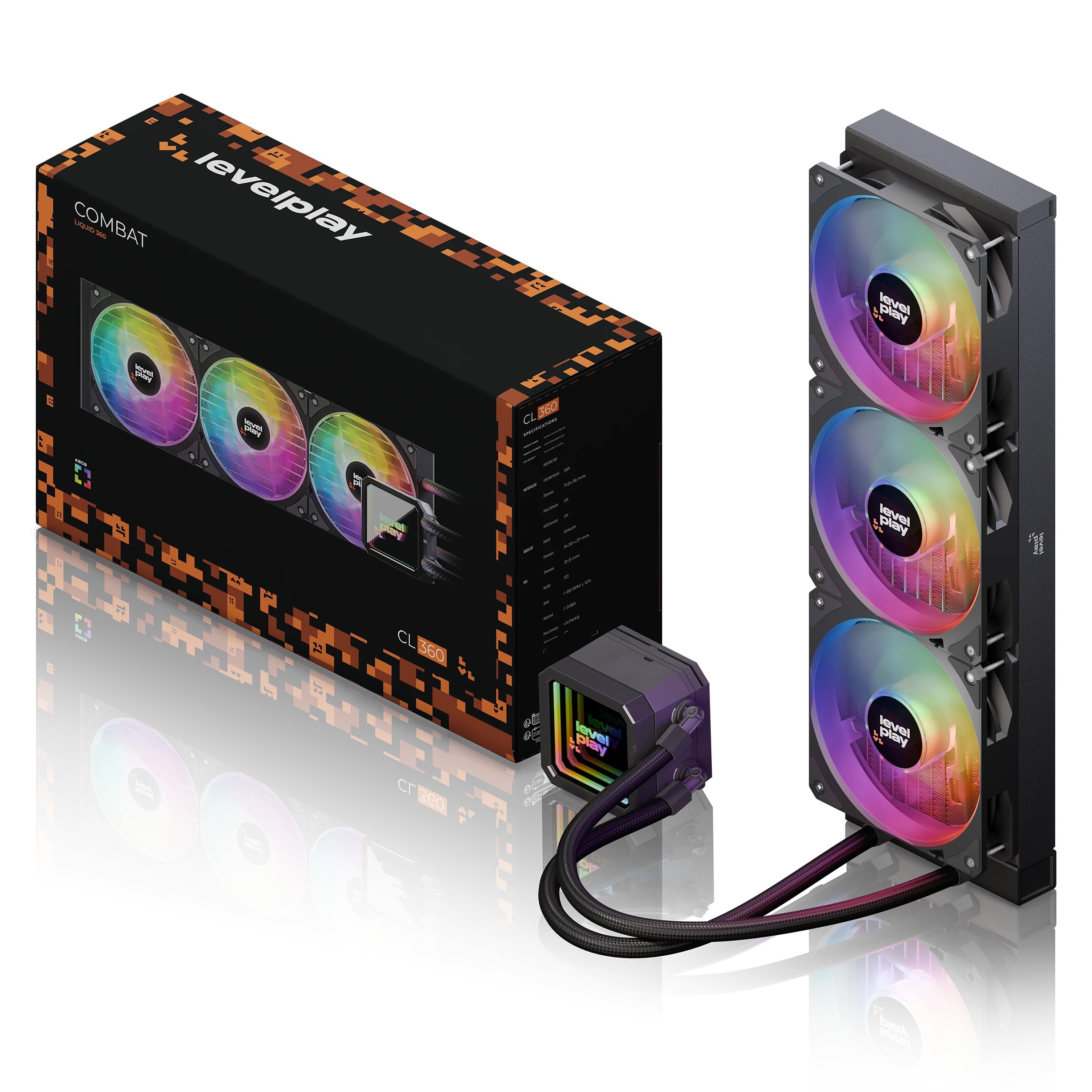 Levelplay Combat CL360 Refrigeración Líquida AIO - TDP 300W, Bomba ARGB Infinity Mirror, Radiador 360mm, Ventiladores ARGB Gen2 CF120, Compatible con AMD AM5/AM4 e Intel LGA 1851/LGA 1700 - Negro