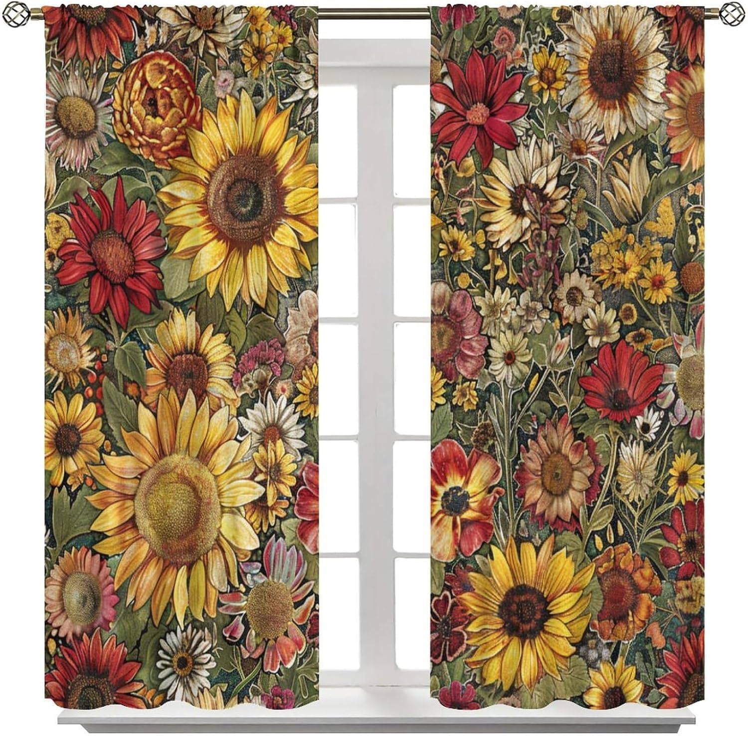 Floral Garden Blackout Curtains, Daisy Sunflower Wildflower Vintage Flower Theme Window Drapes Home Decor Rod Pocket Curtain for Living Room Bedroom, 2 Panels, Each 21" W x 45" L