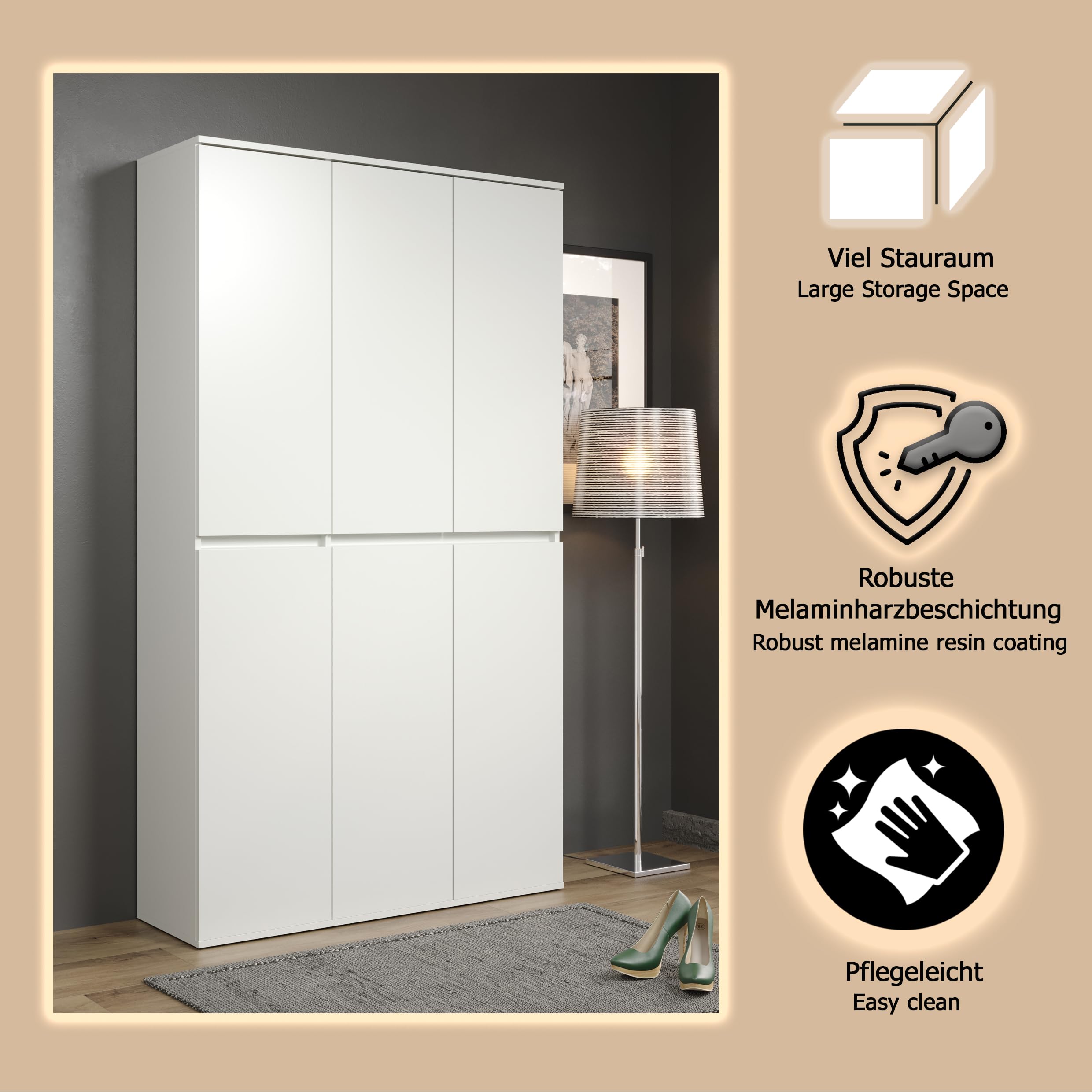trendteam smart living - Nevada - Mehrzweckschrank - Weiß - Schrank mit 6 Türen, 12 Einlegeböden und 1 Kleiderstange - (BxHxT) 111 x 191 x 34 cm - grifflose Türen
