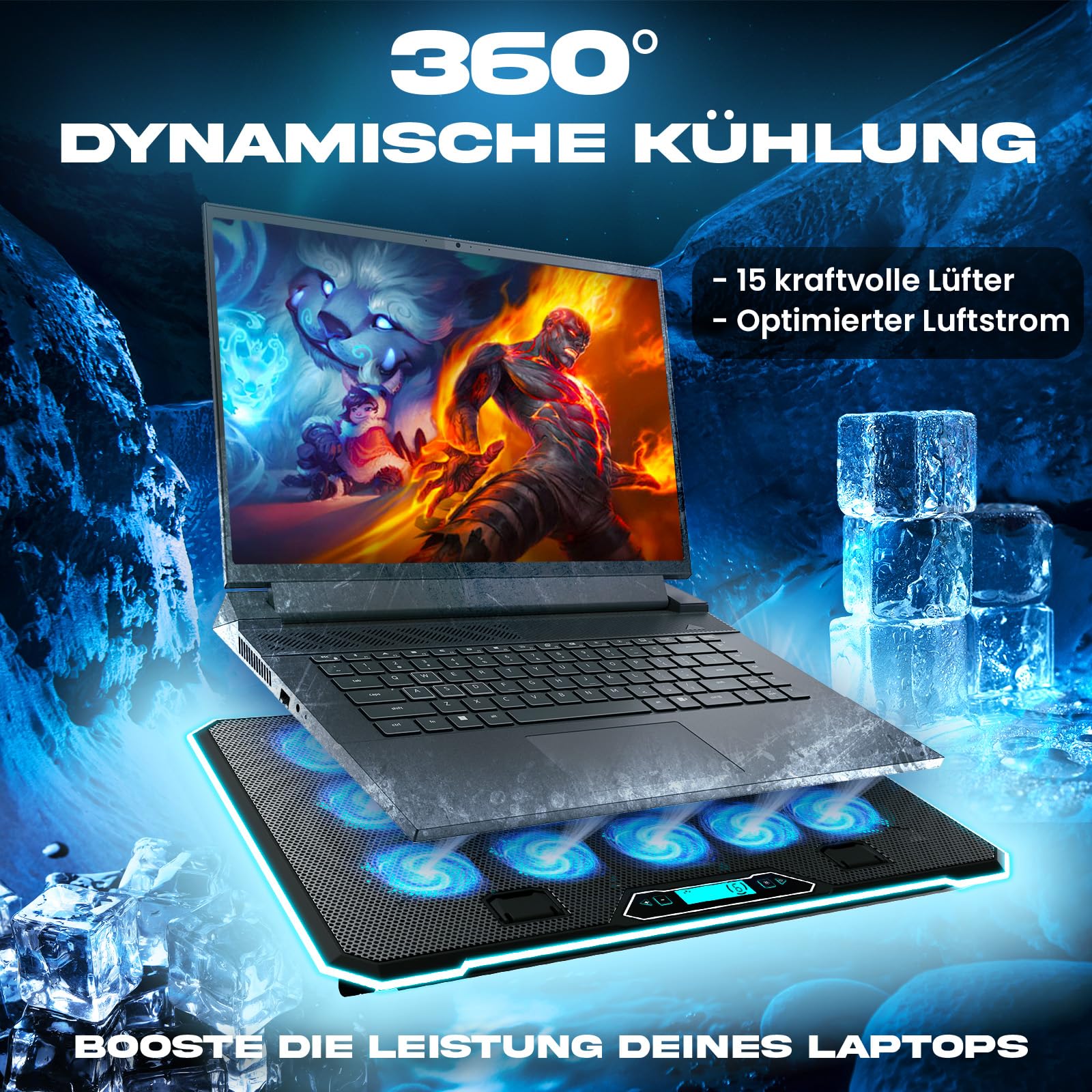 KLIM V15 Gaming Laptop Cooling Pad mit 15 Lüftern + Gaming Laptop Kühler + Stabiler RGB Ständer mit Lüfter + Kompatibel bis zu 17" + 2 USB Ports + Handyhalterung + 5 Jahre Schutz