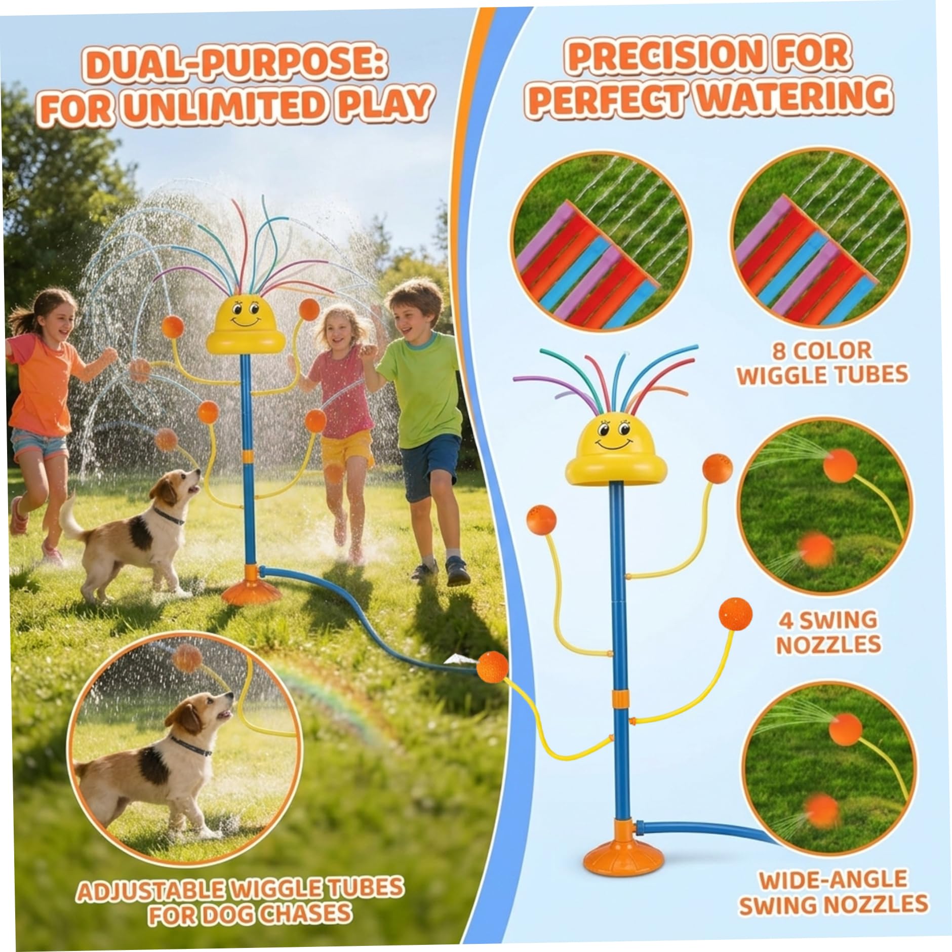 Aspersor de Agua para niños - Juguete acuático de Exterior con 8 Tubos ondulados y 4 boquillas, aspersor para niños y Mascotas, para, Juguete de Exterior