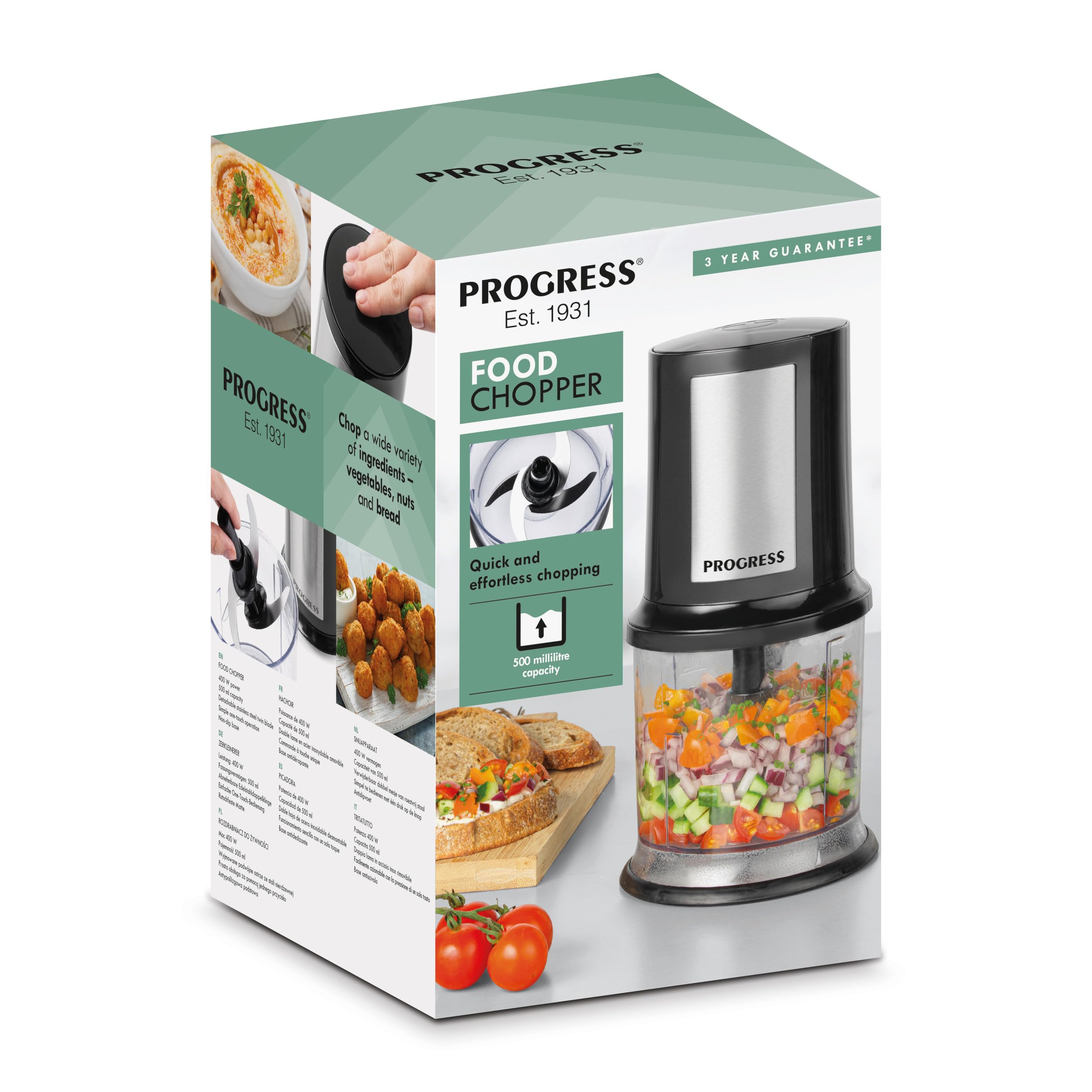 Progress EK5879P Tritatutto elettrico – Robot da cucina compatto, ciotola per tritare da 500 ml, tritaverdure multifunzione, doppia lama staccabile in acciaio inossidabile, funzionamento one-touch