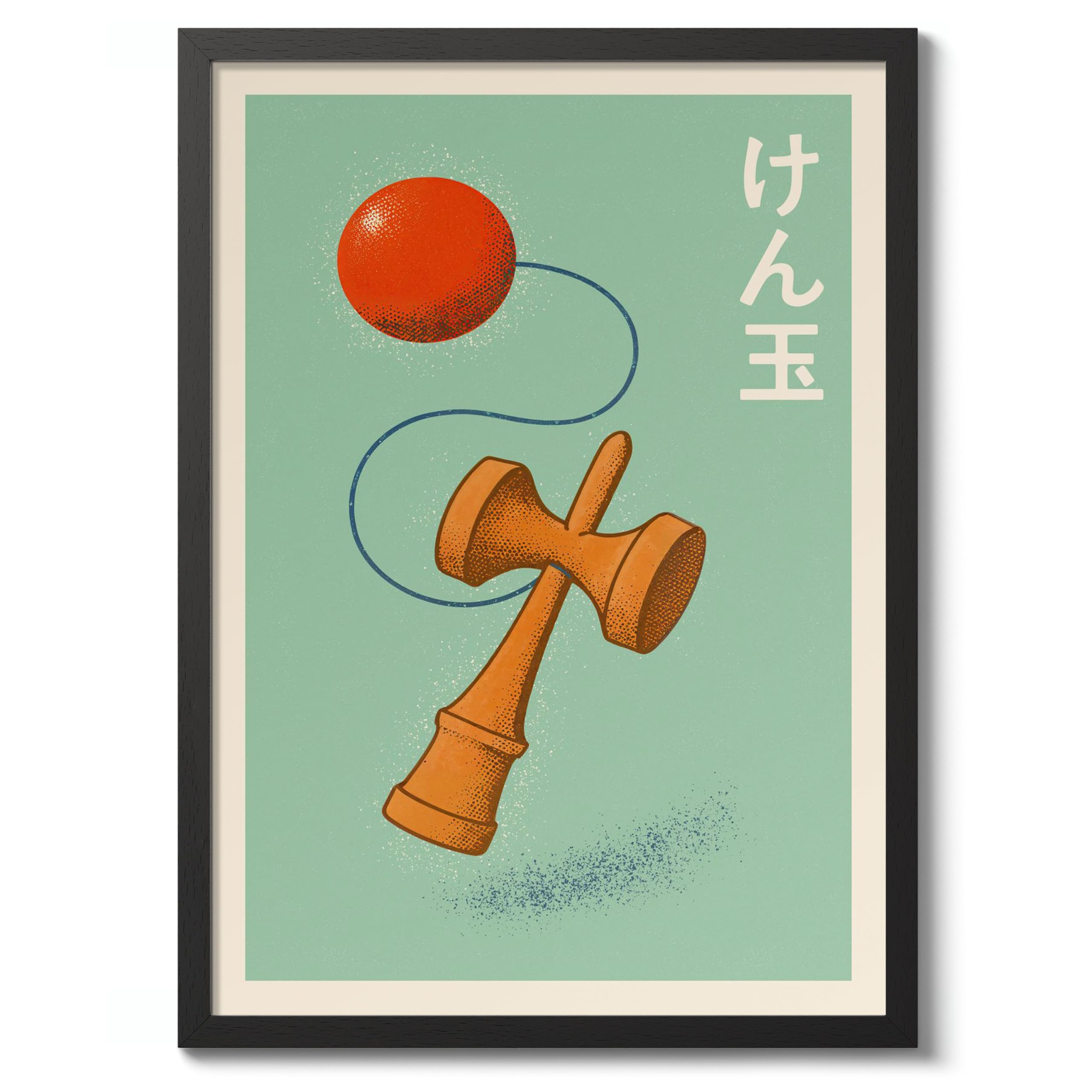 Kendama Poster, Retro Japanese Matchbox Artwork, Vintage Wall Art Print, A4 (Black Frame) - 32.7x24.1cm