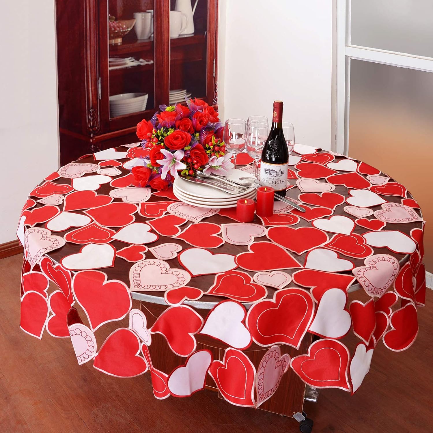 Simhomsen Embroidered Love Heart Tablecloth, Wedding Anniversary, Marriage Proposals or Engagements (Round 69 inches)