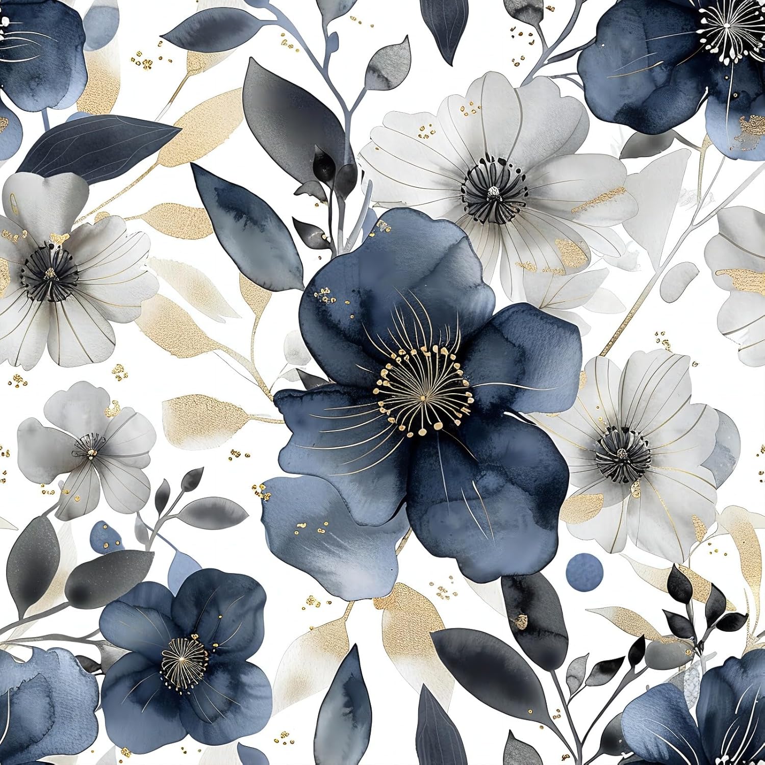 Floral Peel and Stick Wallpaper - Vintage Dark Blue/Gray Flower Removable Boho Wallpaper for Bedroom Bathroom - Renter Friendly Contact Paper - 17.71'x118.1' 17.7" x 118.1" Blue/White/Gold