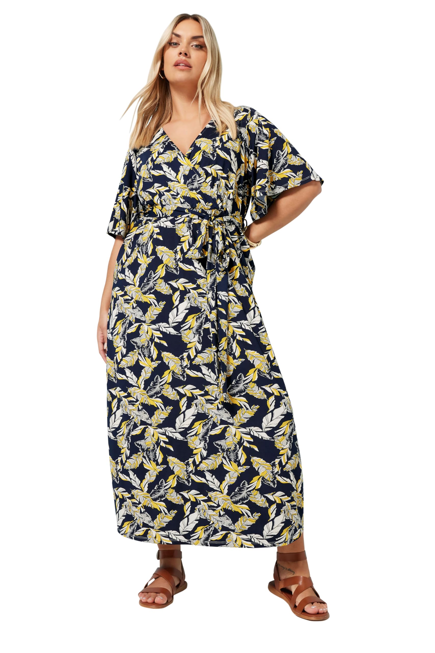 Yours Women's Dark Navy Leaf Print Wrap Midaxi Dress In | : 30/32
