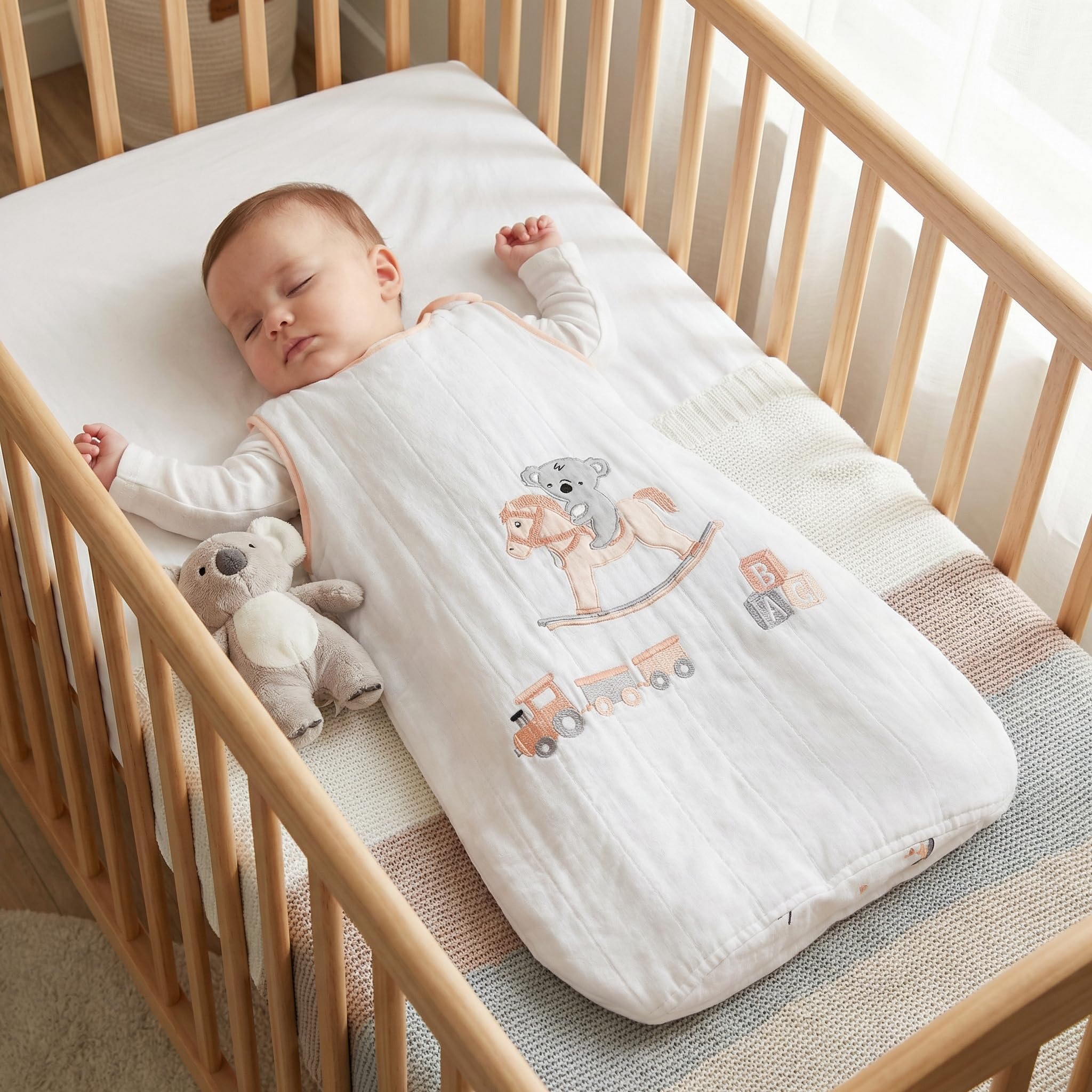 The White Cradle Baby Sleeping Bag for Infants & Newborns - Boys - Wearable Sleep Swaddle Wrap Blanket, Softest Organic Cotton, 3 Layers, Safety Zip on Side & Bottom, Washable - Pink Koala-image-46