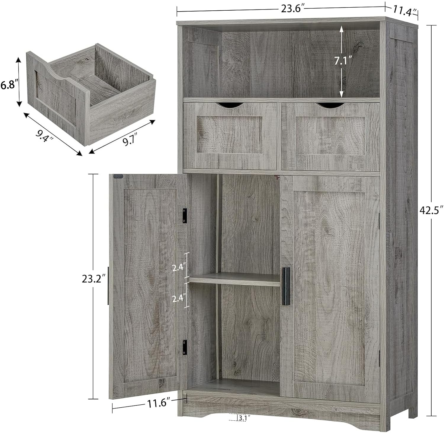 Armario de almacenamiento con 2 cajones y 2 estantes ajustables, armario de cocina, armario, para sala de estar, cocina, entrada, oficina en casa, gris 8