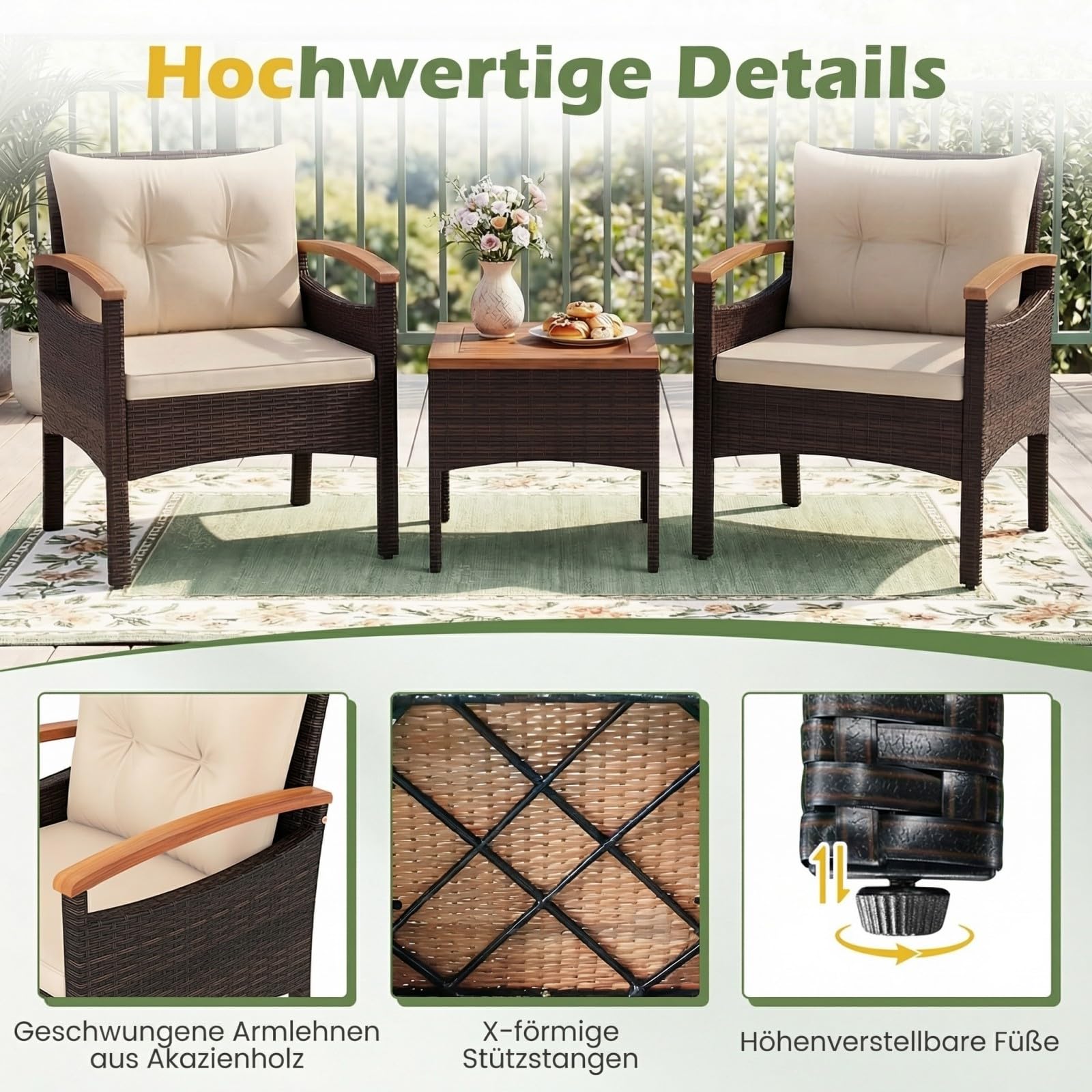 SOARS Salón de Jardín 3 Piezas, 2 Sillones de Ratán PE, Mesa de centro con bandeja de madera de acacia, Cojines acolchados extraíbles, Almohada Lumbar, Muebles para Patio, Terraza (Marr+Beige)