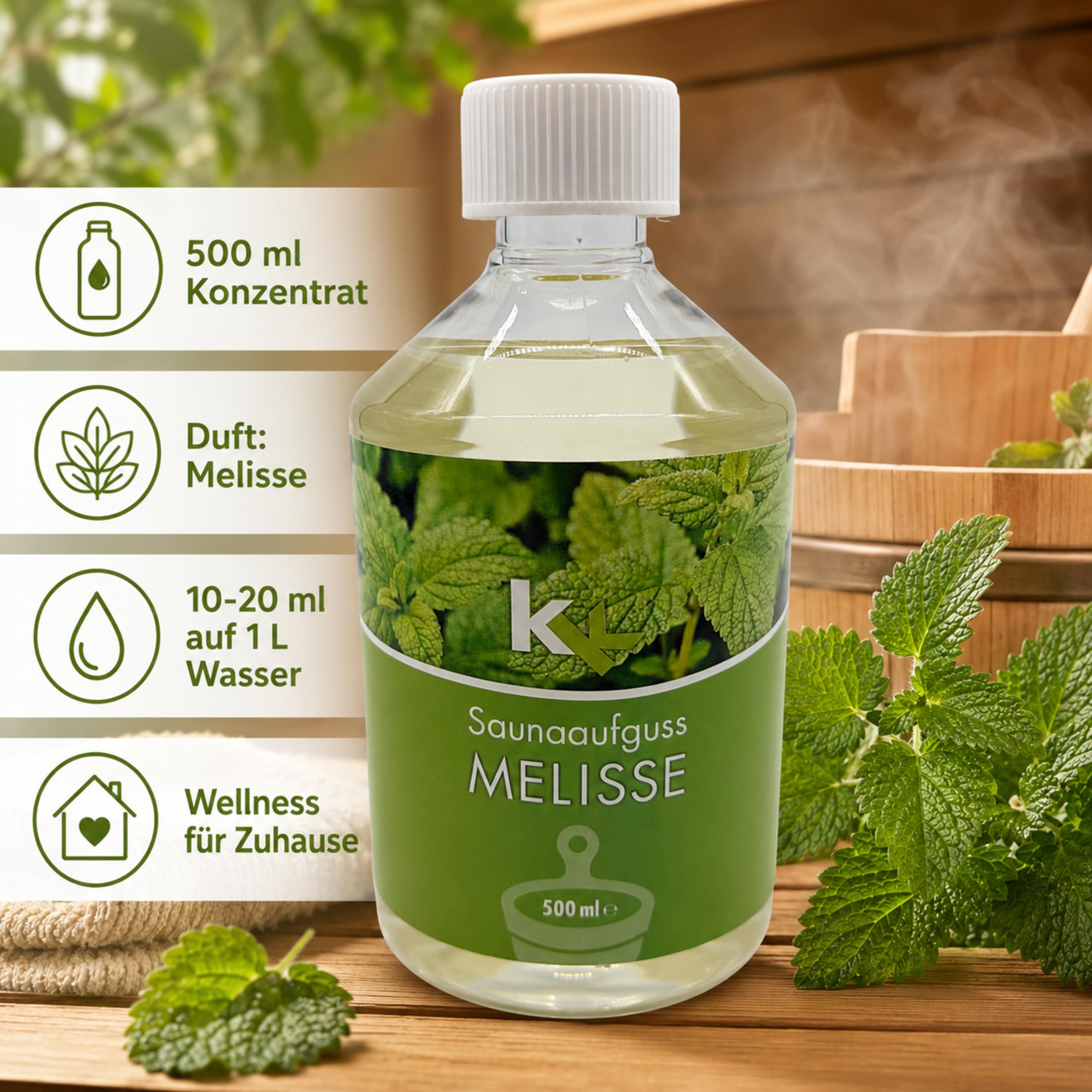 KK Sauna Aufguss Konzentrate PREMIUM | 500 ml Flasche | Made in Germany | Wellness für Zuhause | Melisse