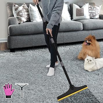 B-Land Carpet Rake for Pet Hair Removal, Reusable Pet Hair Remover with 60 Adjustable Long Handle, Carpet Scraper Dog Cat Hair Remover Tool for Rugs, Mats, Couch, Furniture-Black Pole