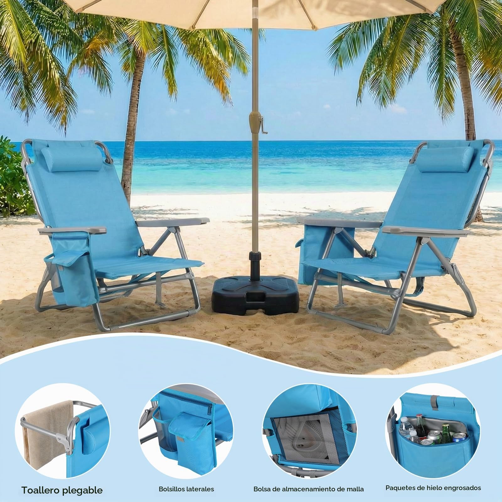 LIFERUN Silla de Playa Plegable, Silla Plegable Ligera y Portátil como Mochila, Silla de Camping, Reclinable, Capacidad de Carga de hasta 150 kg, Silla Plegable de Exterior