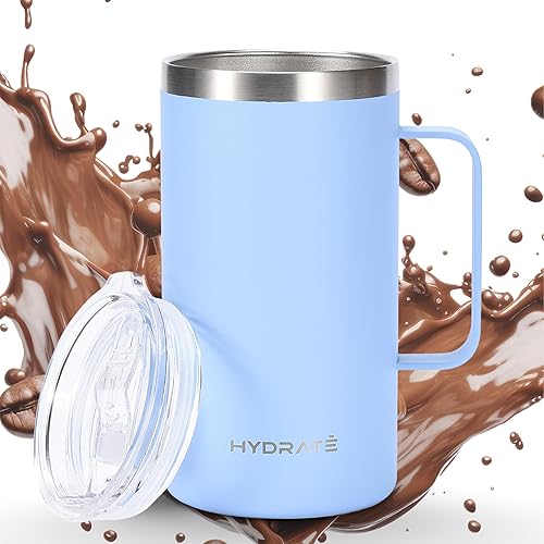HYDRATE Vaso con asa de 24 onzas, taza de café azul claro pastel, taza de viaje reutilizable, de acero inoxidable, sin BPA y sin toxinas, con