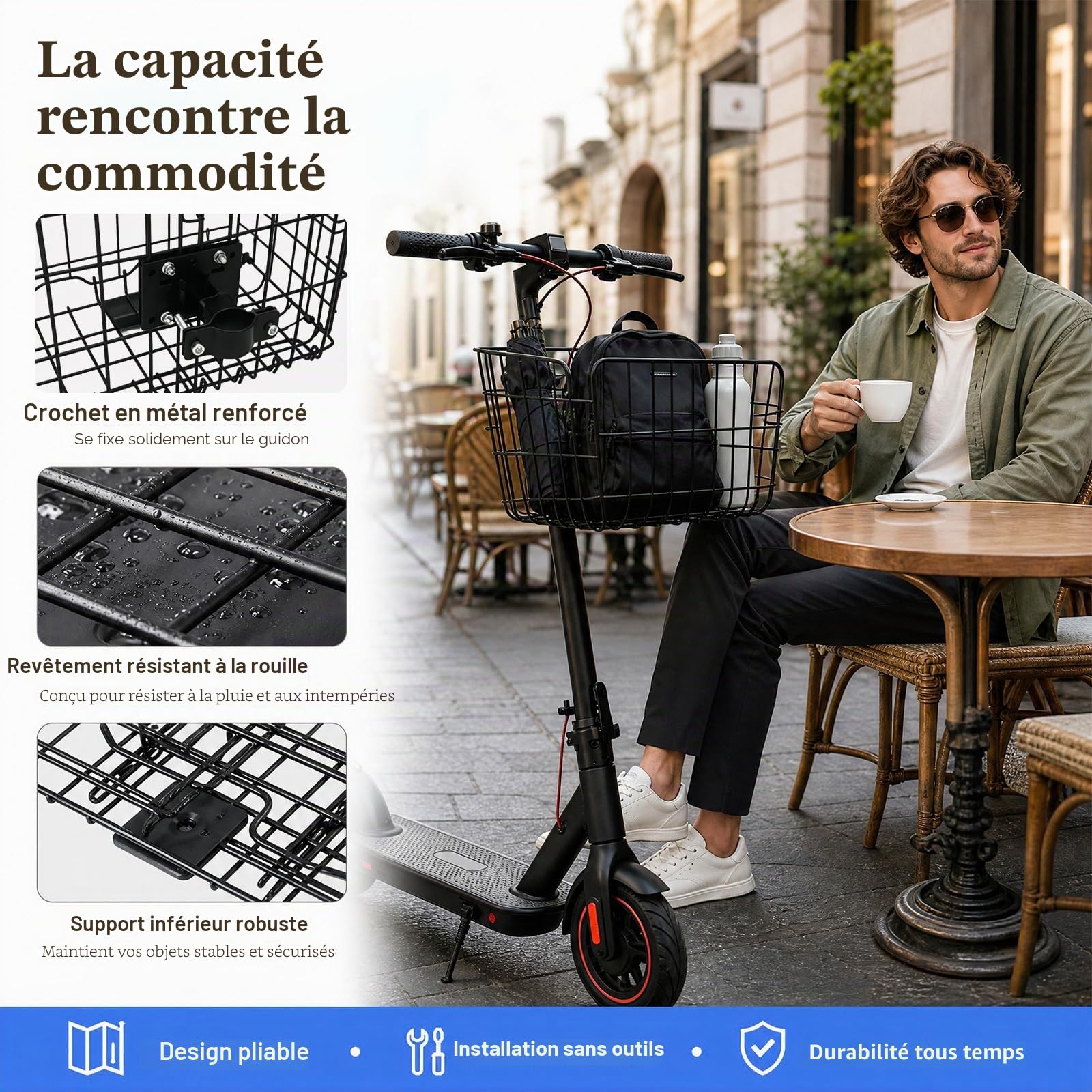 Panier Avant Trottinette Électrique, Panier Avant pour Trottinette 33,5×23×18cm, Panier de Trottinettes, Panier Avants Amovible Rapide pour Vélos Pliants Trottinettes