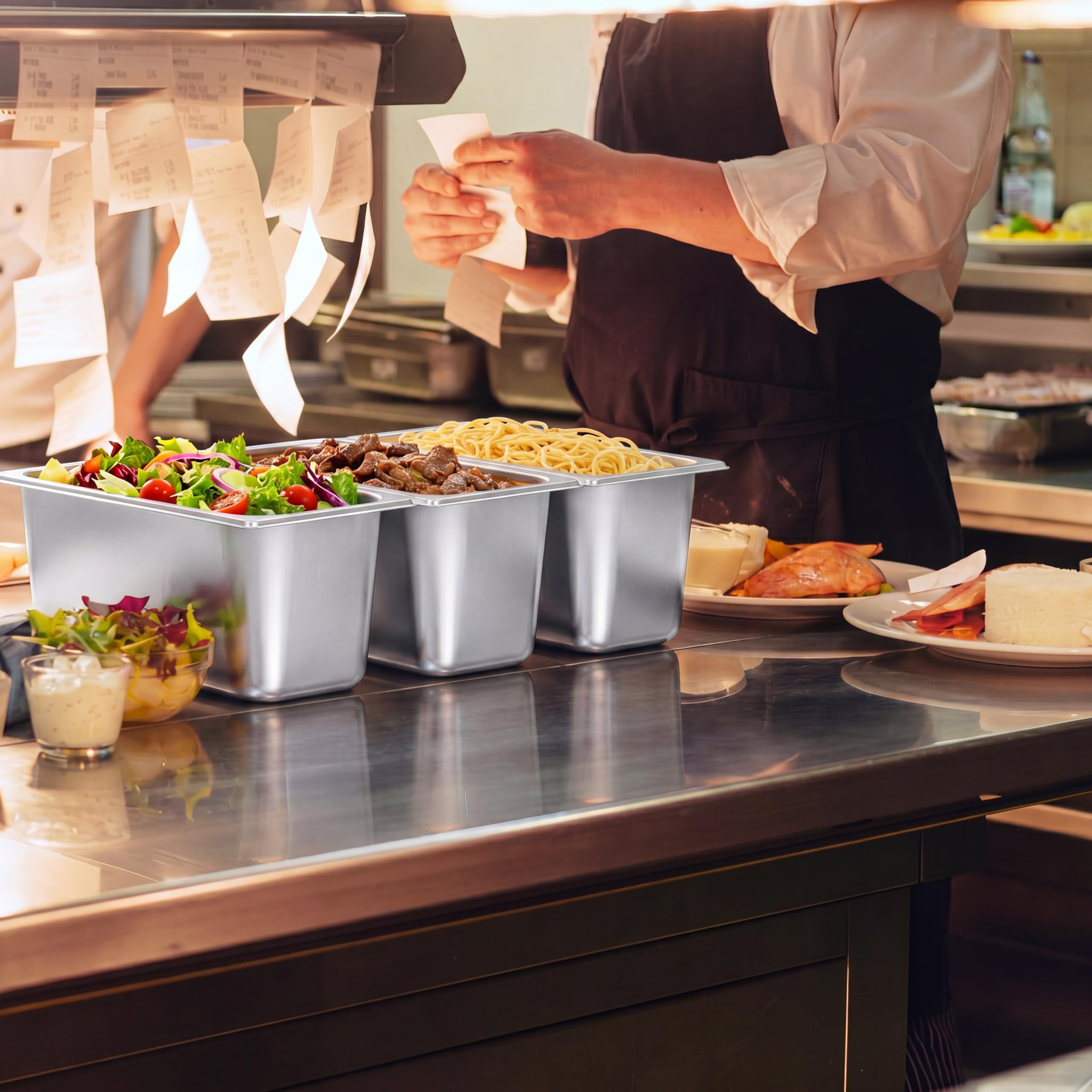 Thenshop Confezione da 10 padelle per hotel, in acciaio inox, impilabili, per catering, catering, cottura a vapore, per hotel, ristoranti, buffet, feste (26 x 16 x 15 cm)