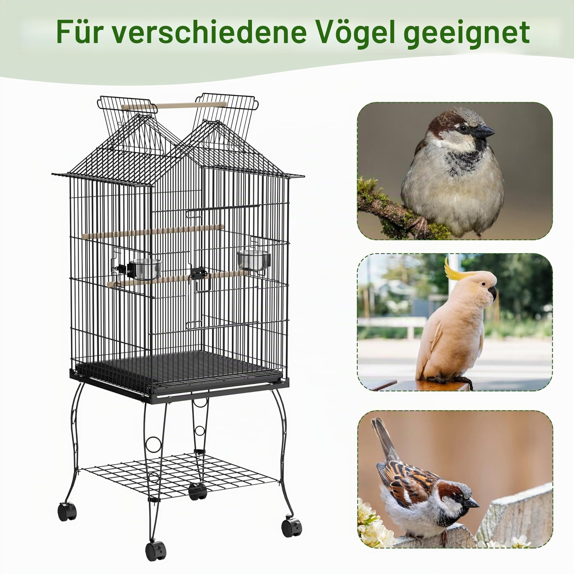 Froadp Vogelvoliere Vogelkäfig mit Ständer und Rollen Groß Wellensittichkäfig Metall Vogelhaus mit Holzstangen und Futternäpfe Voliere Käfig Tierkäfig für Papageien Tauben Sittiche Finken (Typ B)