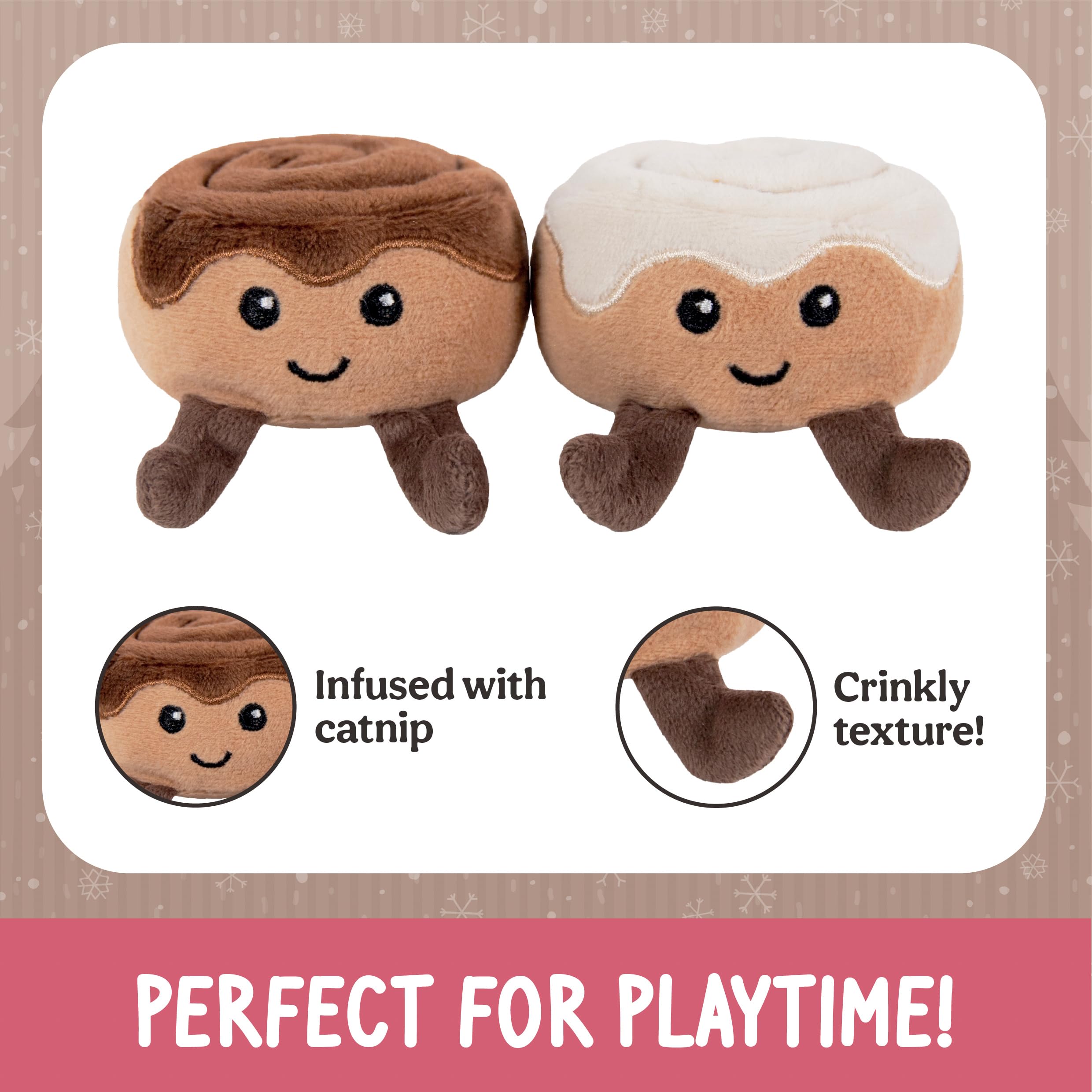 Rosewood Rudy & Clarice Cinnamon Bun Cat Toys, Set of 2 Festive Catnip & Crinkle Plush Toys - Image 3