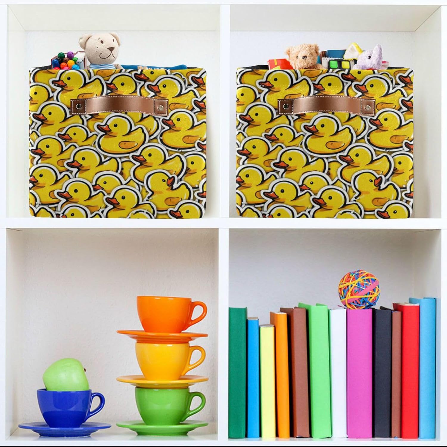 Dussdil Yellow Duck Storage Basket Storage Organizer Box Bin Large Collapsible Cube Baskets with PU Handles for Home Shelf Closet Nursery Laundry 1 Pack