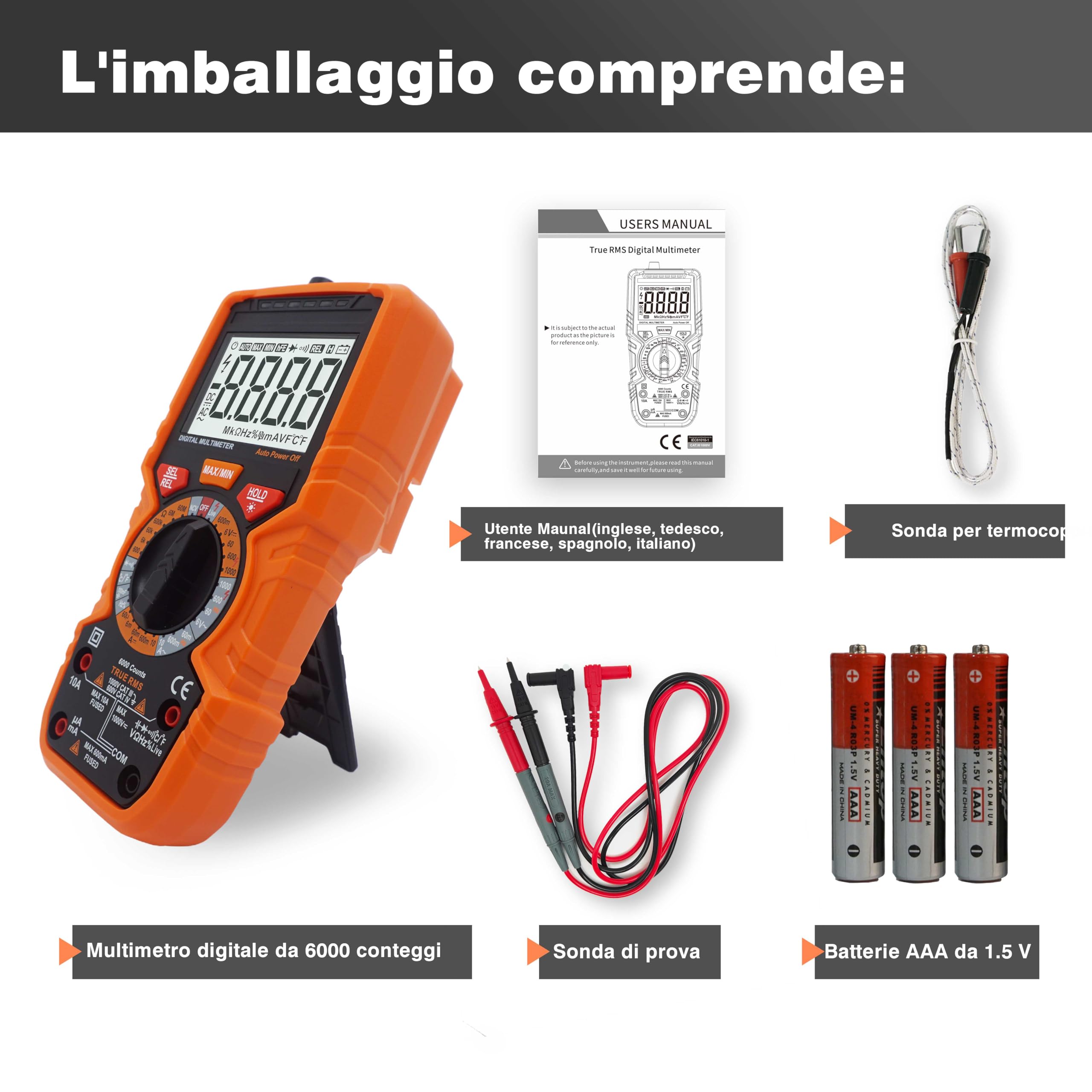 Multimetro digitale con 6000 conteggi, Amperemetro Ohmmetro Voltmetro TRMS, Misura la resistenza alla corrente di tensione Diodo Continuità Temperatura Frequenza NCV con display LCD e torcia elettrica
