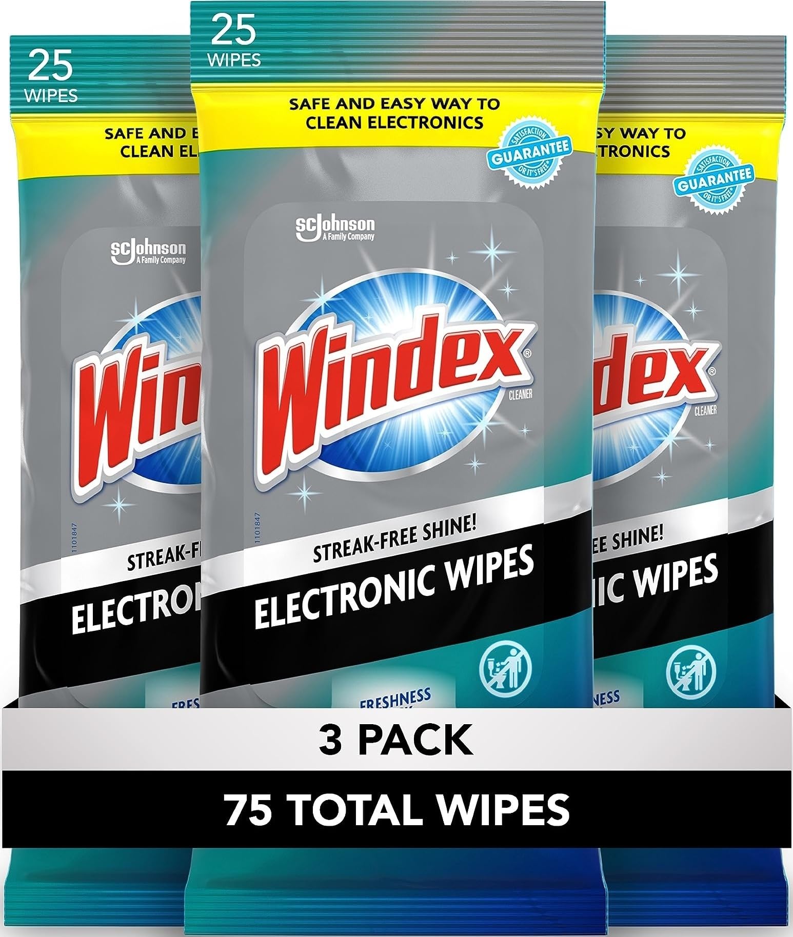 Windex Lot de 3 lingettes pour écrans électroniques pour ordinateurs, téléphones, téléviseurs et plus encore, 25 pièces – Lot de 3 (75 lingettes au total)