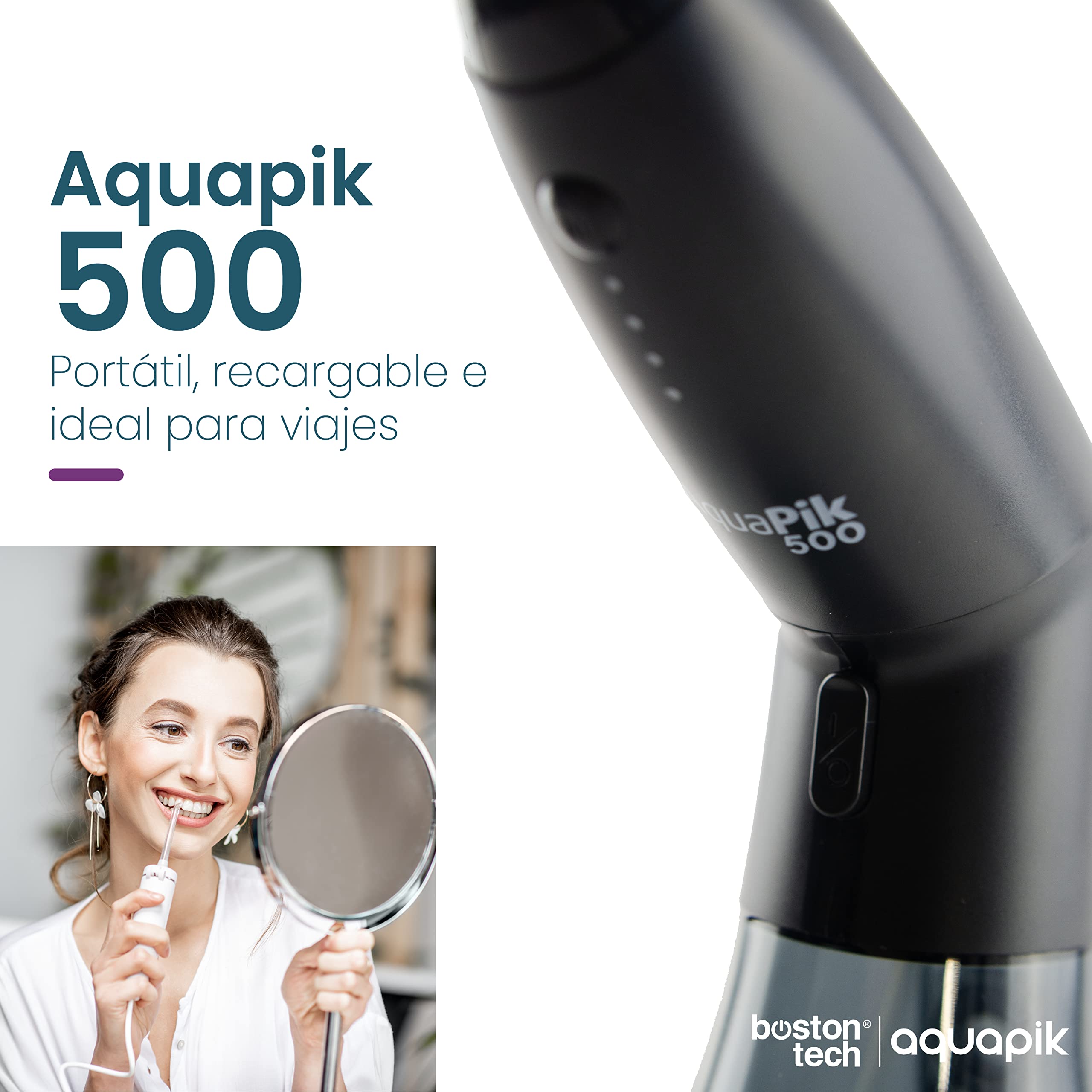 Aquapik 500, Irrigador Bucal Portátil con Diseño Único Deformable Tanque de Agua removible. Irrigador Dental Recargable para Viajes y Oficina.6 boquillas, 4 modos, Impermeable IPX7 (Negro)