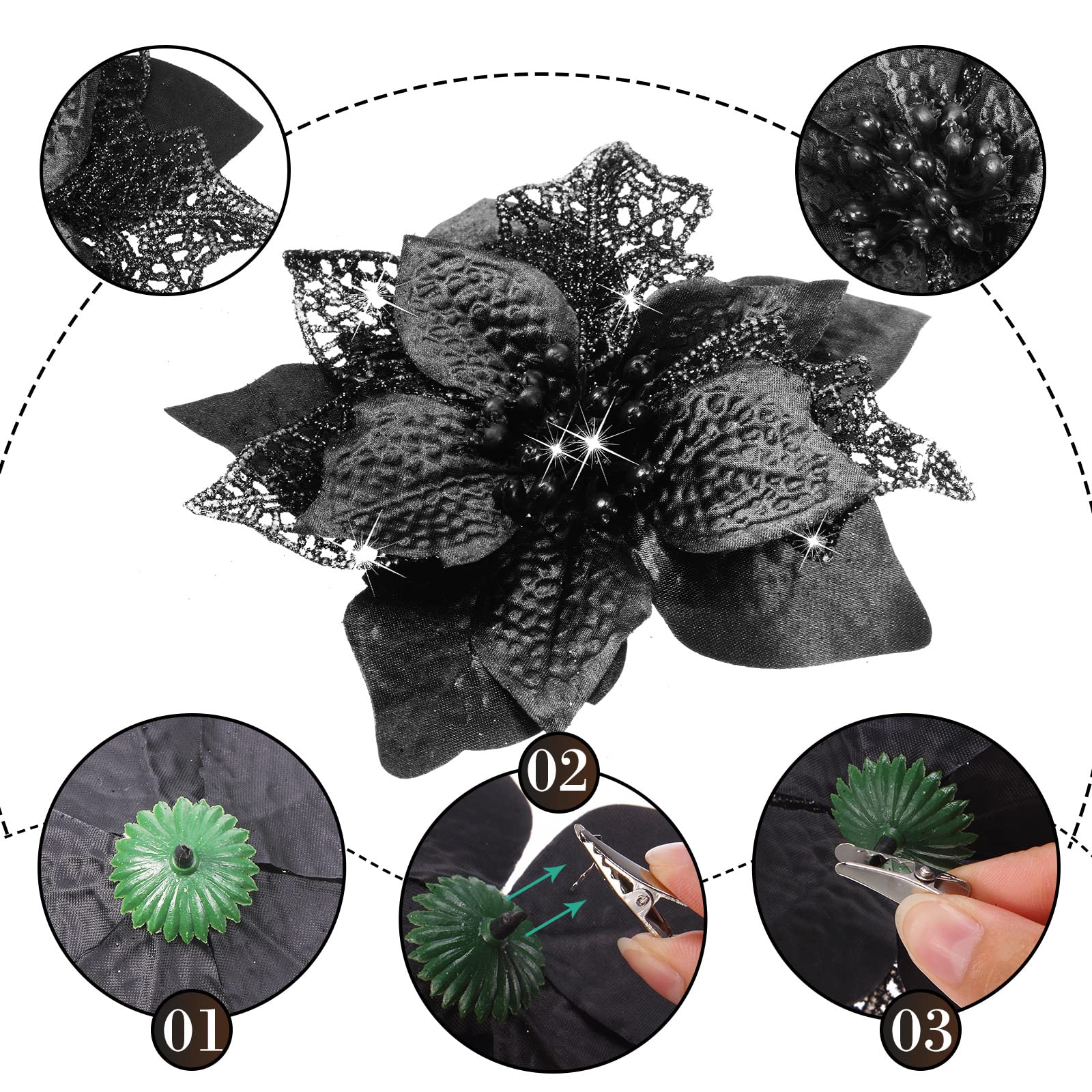 Boao 24 Pieces Christmas Glitter Poinsettia Flowers Artificial Xmas Flowers Wedding Christmas Tree New Year Ornaments (Black) - Image 3