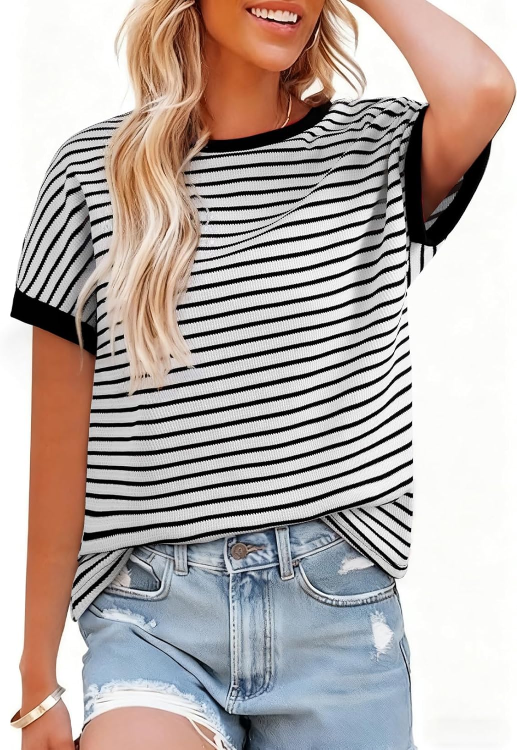 Acelitt Women’s Short Sleeve Knit Tops 2025 Trendy Crewneck Striped T Shirts Casual Summer Blouses Outfits - Image 5