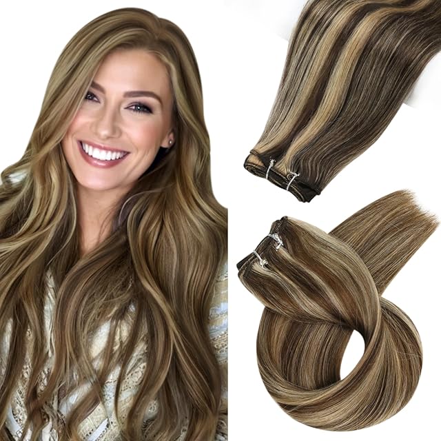 Fshine Weft Hair Extensions Real Human Hair Sew in Bundles Medium Brown Highlighted with Honey Blonde Human Hair Weaving in Weft Extension 12 Inch Sew in Double Weft Bundles Remy Hair 80g