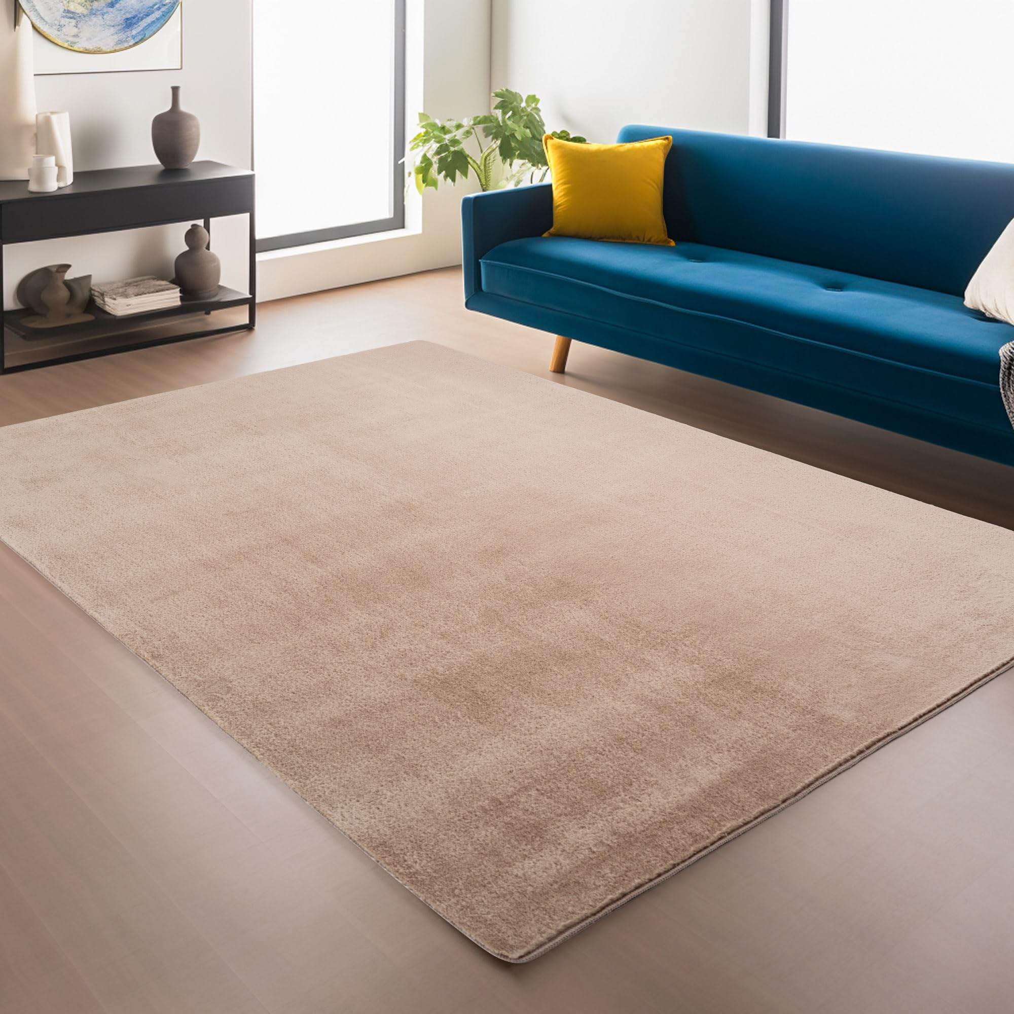 Snuggly Plain Living Room Area Rug Super Soft Polyester Rug Cut Pile Anti-Slip Backing Machine Washable Modern Rug for Living Room Bedroom Hallway 9 Colours- Beige- 160 x 220 cm (Rectangular)