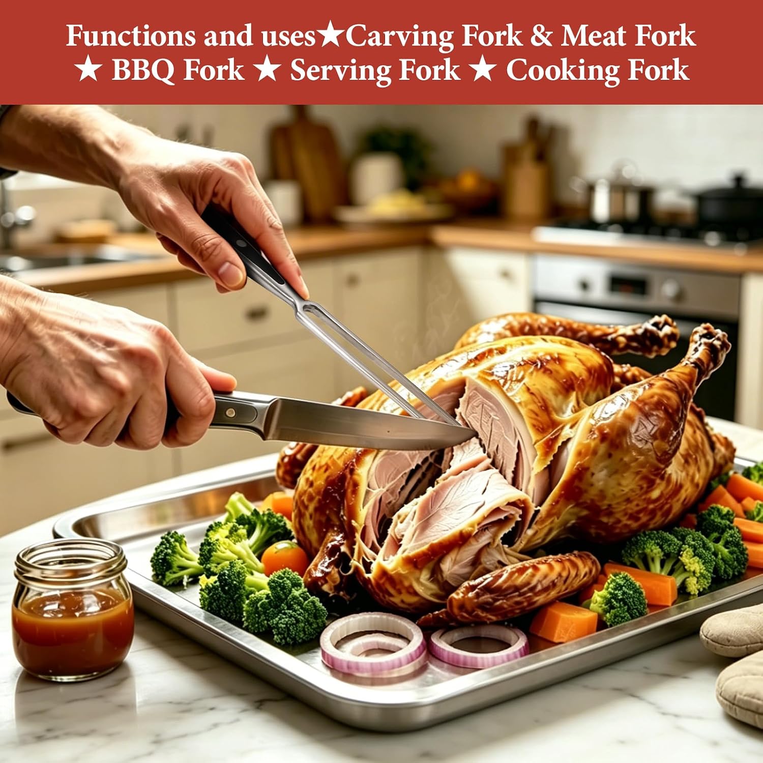 Heavy-Duty Stainless Steel Carving Fork, Meat Fork with Steel Handle & Black ABS Accents – 11.8" (30 cm) for Turkey, Roast & BBQ