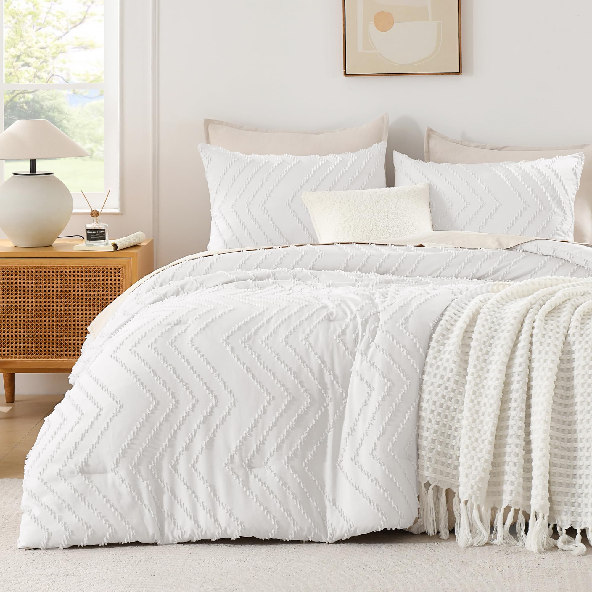 Photo 1 of **COMFORTER ONLY*** Andency White Oversized Super King Comforter Set 120x120, Extra Large King Size Comforter Oversize Boho Soft Warm Bedding Comforter Sets, 3 Pieces Aesthetic Chevron Textured Bedding Set