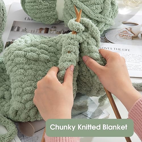 Miniatura 5 de HOMBYS Hilo de felpilla grueso verde salvia para tejer a mano, esponjoso, suave, jumbo, hilo súper voluminoso para manta gruesa, hilo para tejer con