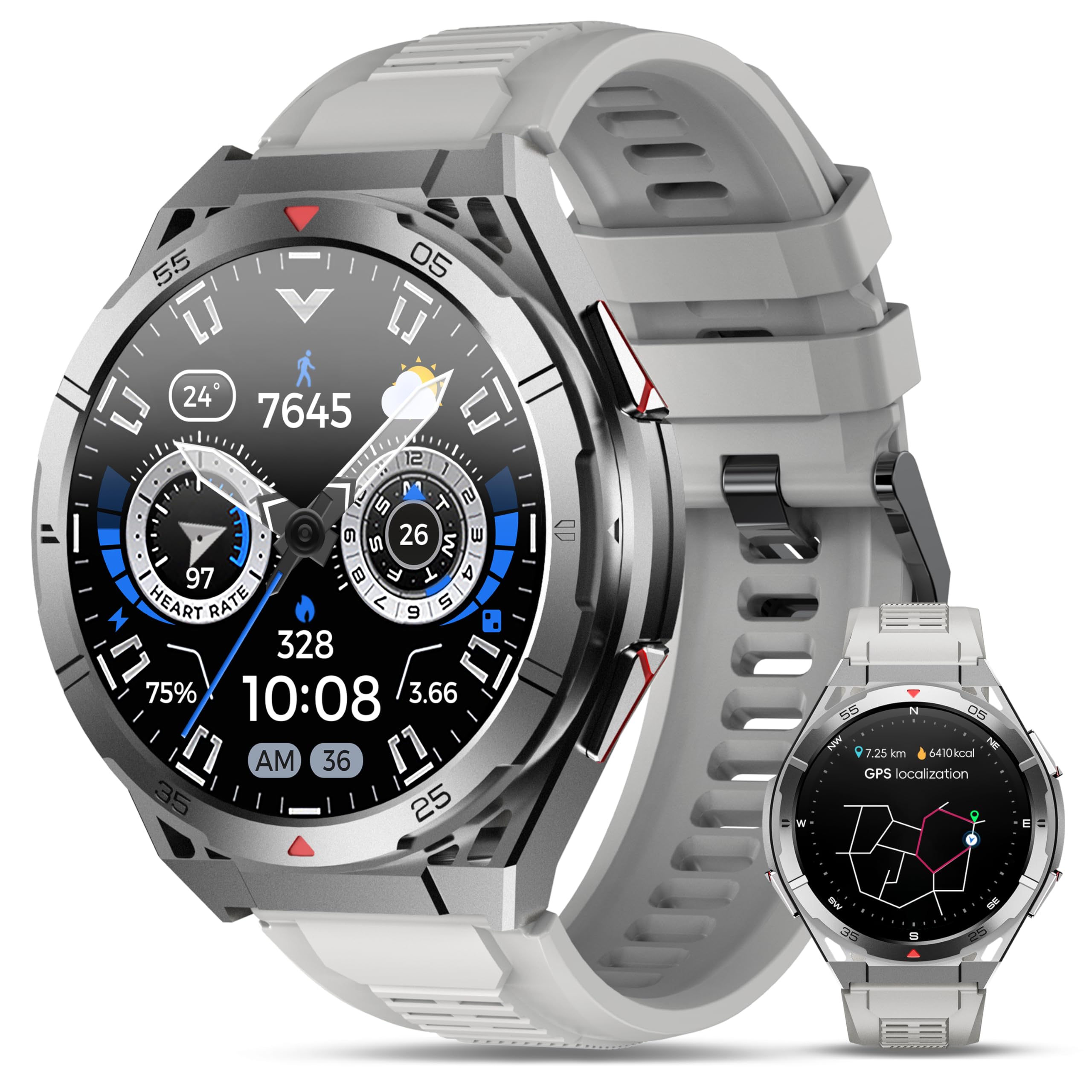 OUKITEL Smartwatch Uomo GPS,Orologio Militare Uomo 1,43" AMOLED Rugged Smart Watch Impermeabile con Chiamate Bluetooth,Altezza/Pressione,24H Monitoraggio,150+ Modalità Sport per Android iOS